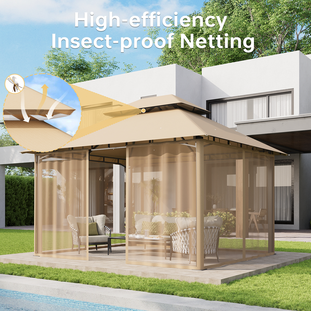 Aoxun 12x10 Gazebo with Double Roof & Mosquito Netting Outdoor Heavy-Duty Party Tent, Patio Tent with Zipper Screens - Backyard Garden Lawn Shelter Includes Wind Ropes Expansion Bolts, Beige