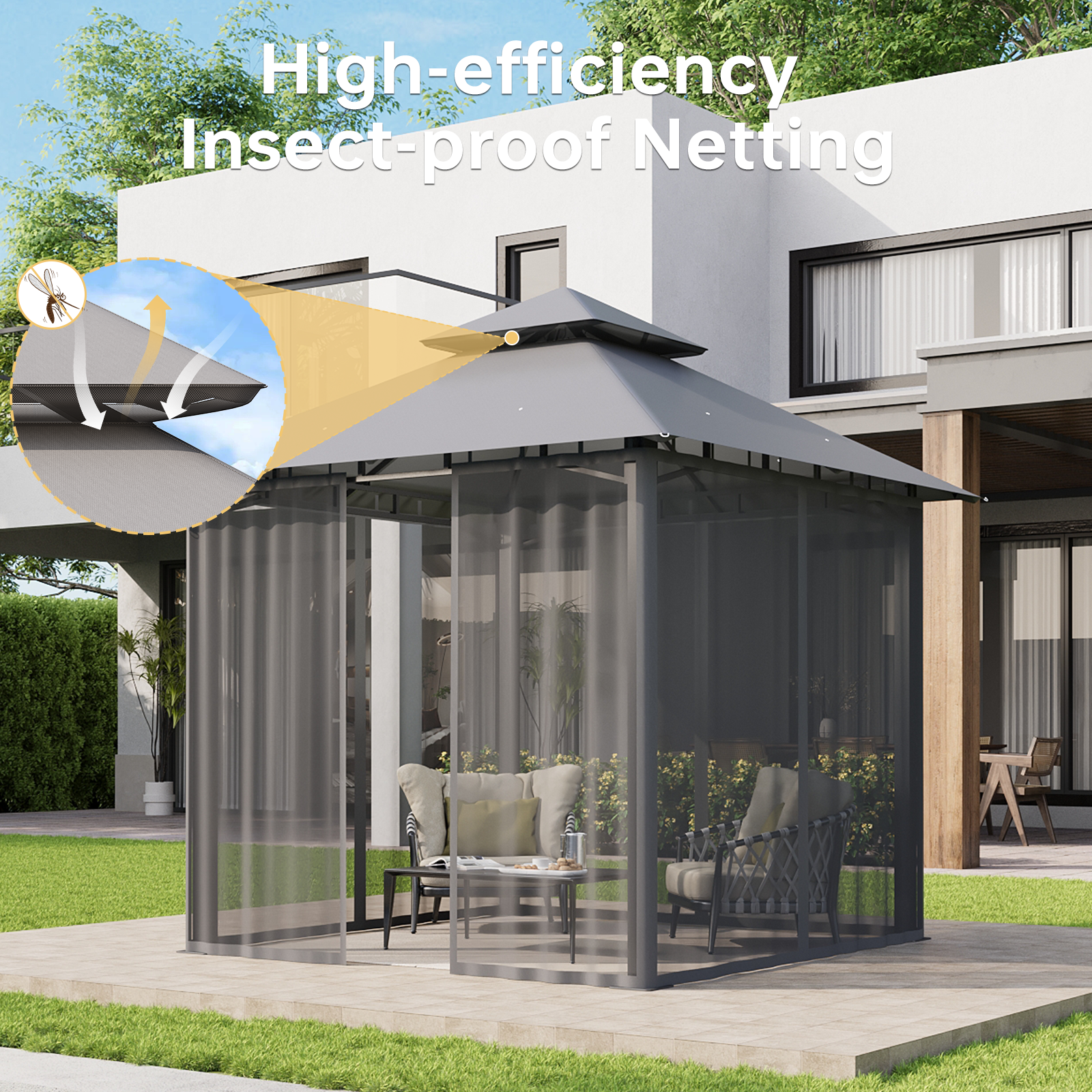 Aoxun 12x10 Gazebo with Double Roof & Mosquito Netting Outdoor Heavy-Duty Party Tent, Patio Tent with Zipper Screens - Backyard Garden Lawn Shelter Includes Wind Ropes Expansion Bolts, Gray