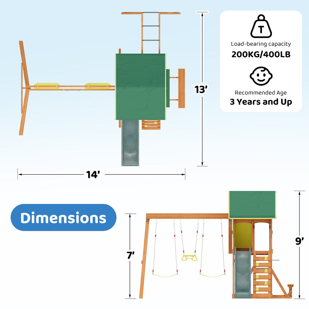 SunSwell Wooden Swing Sets for Backyard - Outdoor Playset with 8 FT Wave Slide, 2 Belt Swings, Play Deck, Monkey Bars, Rock Wall Ladder, Shaded Picnic Area, Snack Bar, Playground Sets,Green