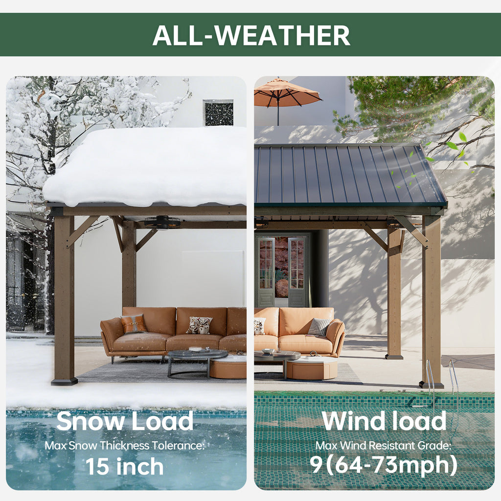 LET’S PATIO Outdoor Cedar Wood Gazebo, Hardtop Gazebo Permanent Wooden Pavilion with Galvanized Steel Gable Roof, for Deck, Garden, Patio, Garden
