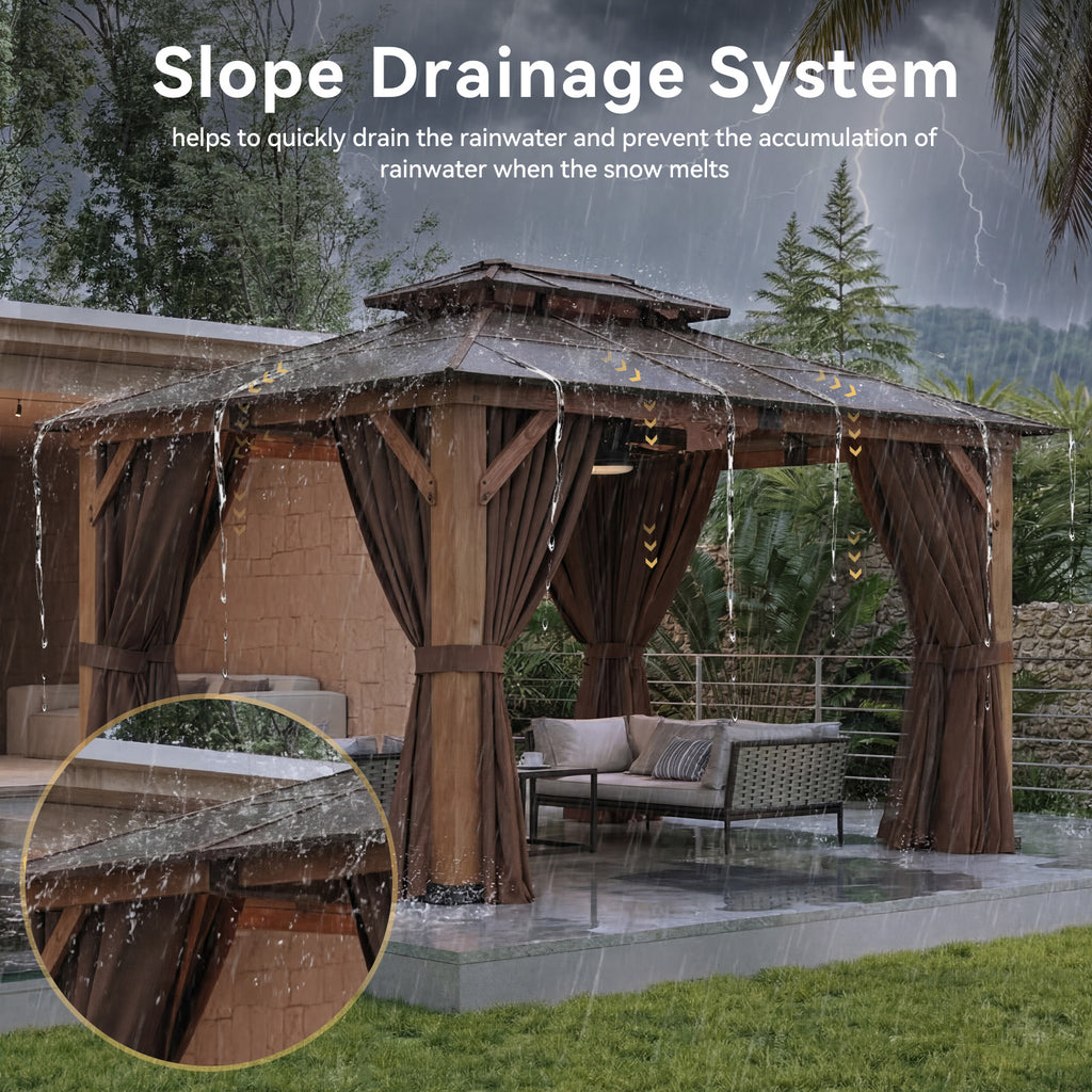 Aoxun 10' x 12' Outdoor Wood Gazebo with Double Polycarbonate Top, Hardtop Gazebo Permanent Wooden Pavilion with Breathable Netting and Privacy Curtain for Patio, Garden, Deck, Cedar Wood, Natural