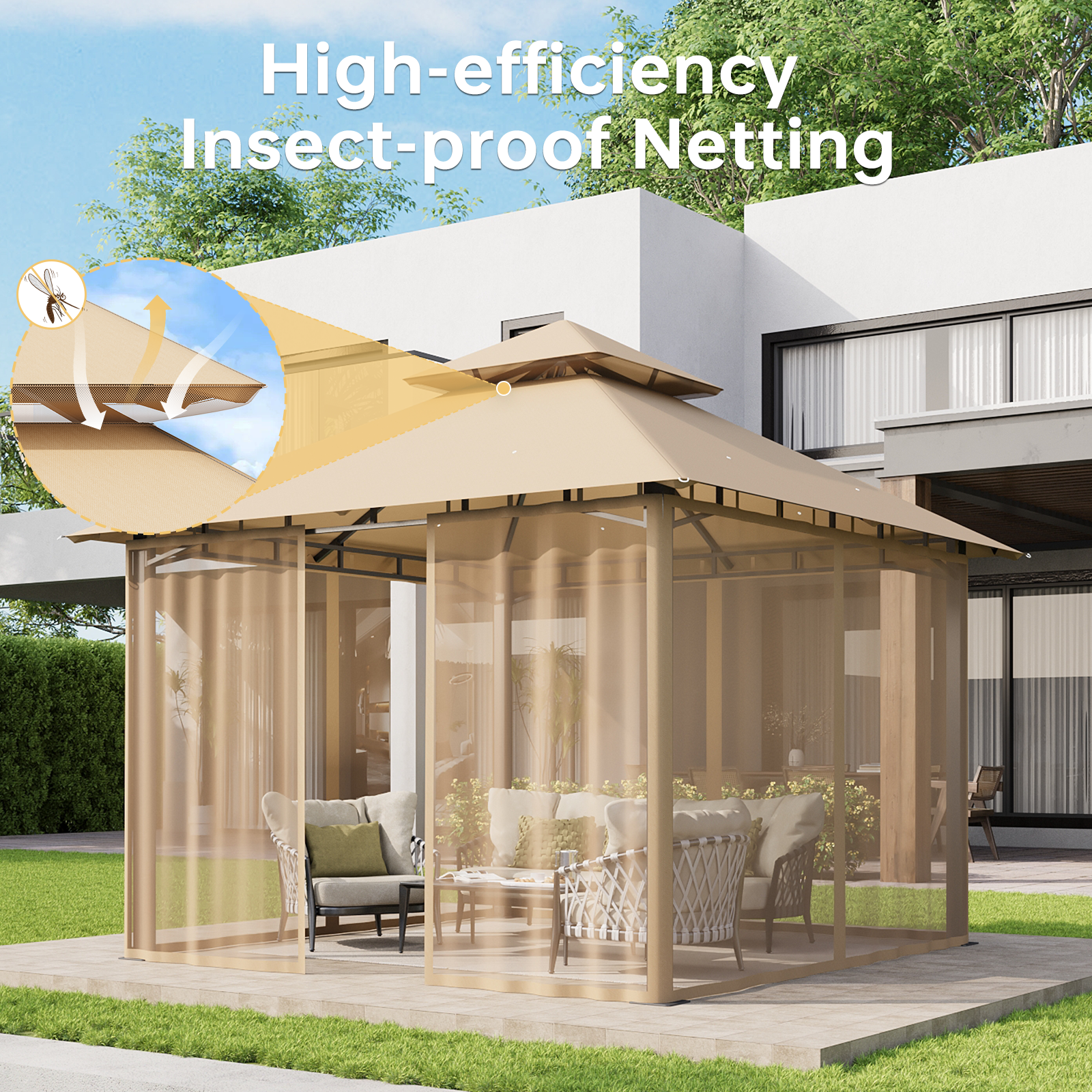 Aoxun 10x10 Gazebo with Double Roof & Mosquito Netting Outdoor Heavy-Duty Party Tent, Patio Tent with Zipper Screens - Backyard Garden Lawn Shelter Includes Wind Ropes Expansion Bolts, Beige