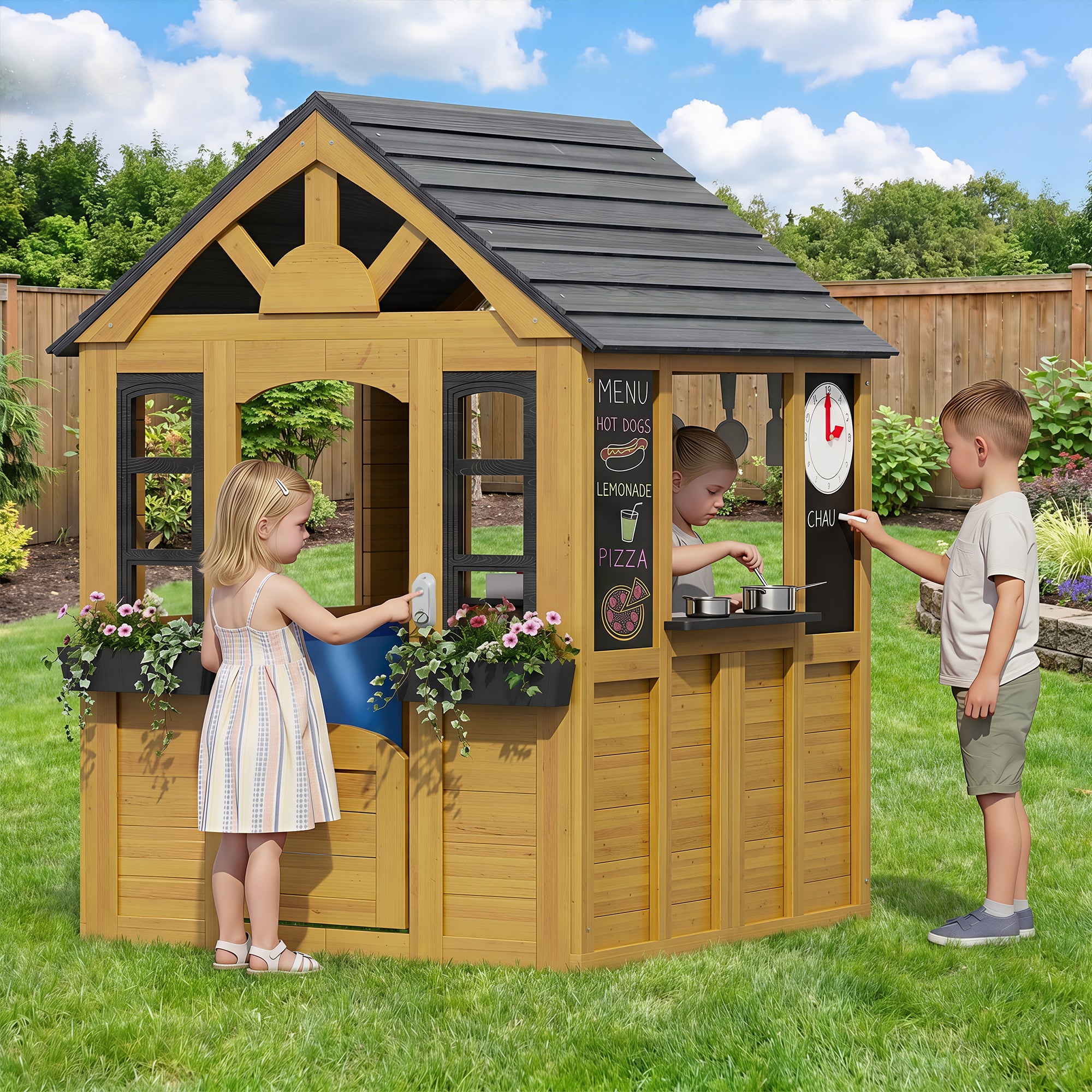 Aoxun Kids Outdoor Playhouse Wooden Play House for Toddlers Ages 3-6 with Play Kitchen,Snack Bar,Pet Door,Blackboards,Windows,Flowerpots,Doorbell,Outside Playground Playset for Backyard,Garden,Brown