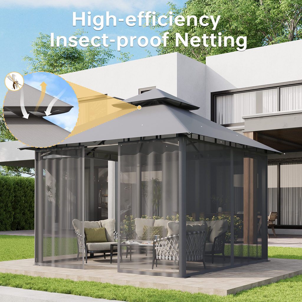 Aoxun 10x10 Gazebo with Double Roof & Mosquito Netting Outdoor Heavy-Duty Party Tent, Patio Tent with Zipper Screens - Backyard Garden Lawn Shelter Includes Wind Ropes Expansion Bolts, Gray