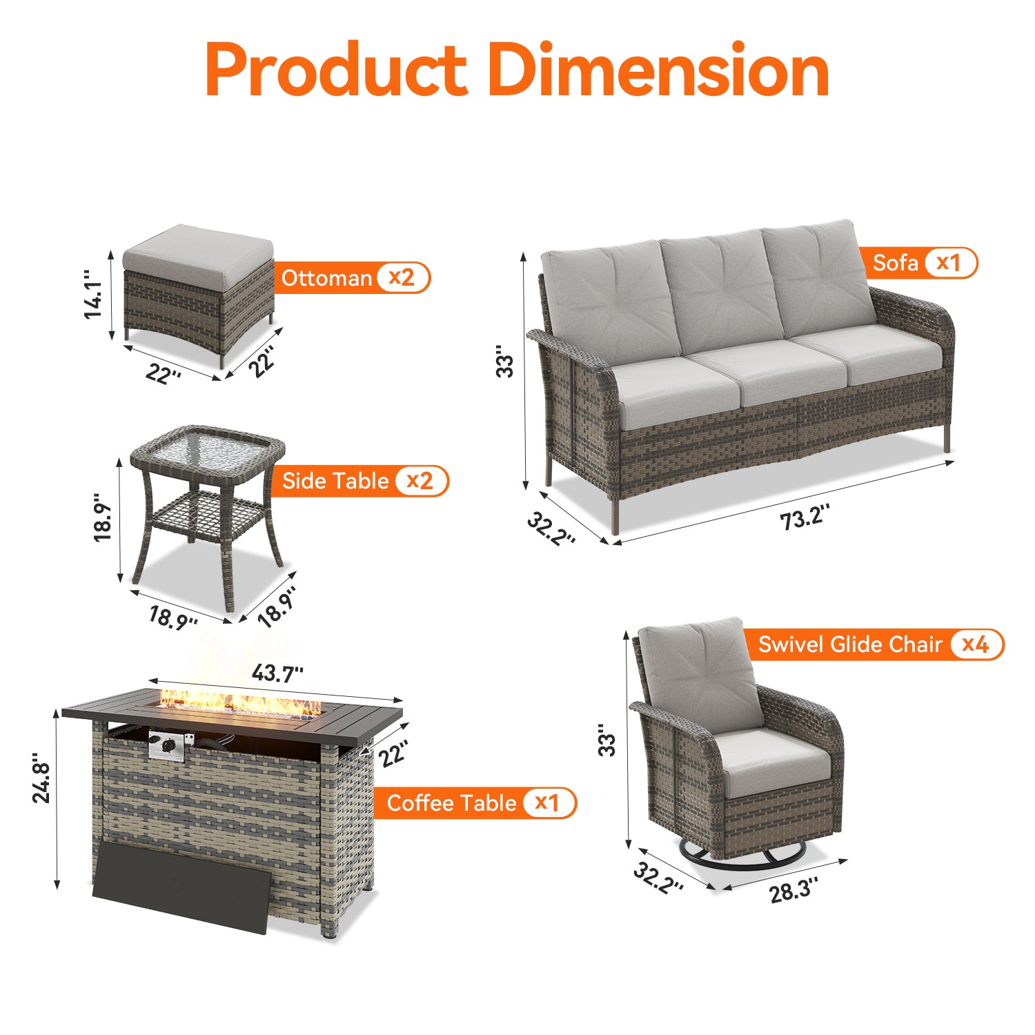 Aoxun Luxury 12-Piece Patio Furniture Set with 44'' Fire Pit Table, 360° Swivel Chairs, Wicker Rattan Sofa & Thick Cushions, Outdoor Conversation Set for Backyard, Poolside & Garden, Beige/Gray