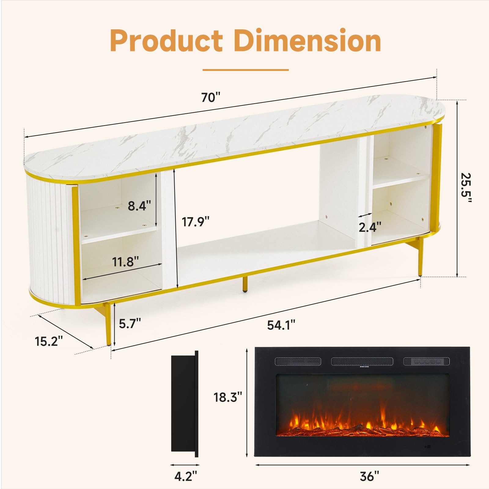 70" Fluted Fireplace TV Stand, Modern Entertainment Center for TVs Up to 80”, Farmhouse White TV Console for Living Room, White TV Stand and Black Fireplace