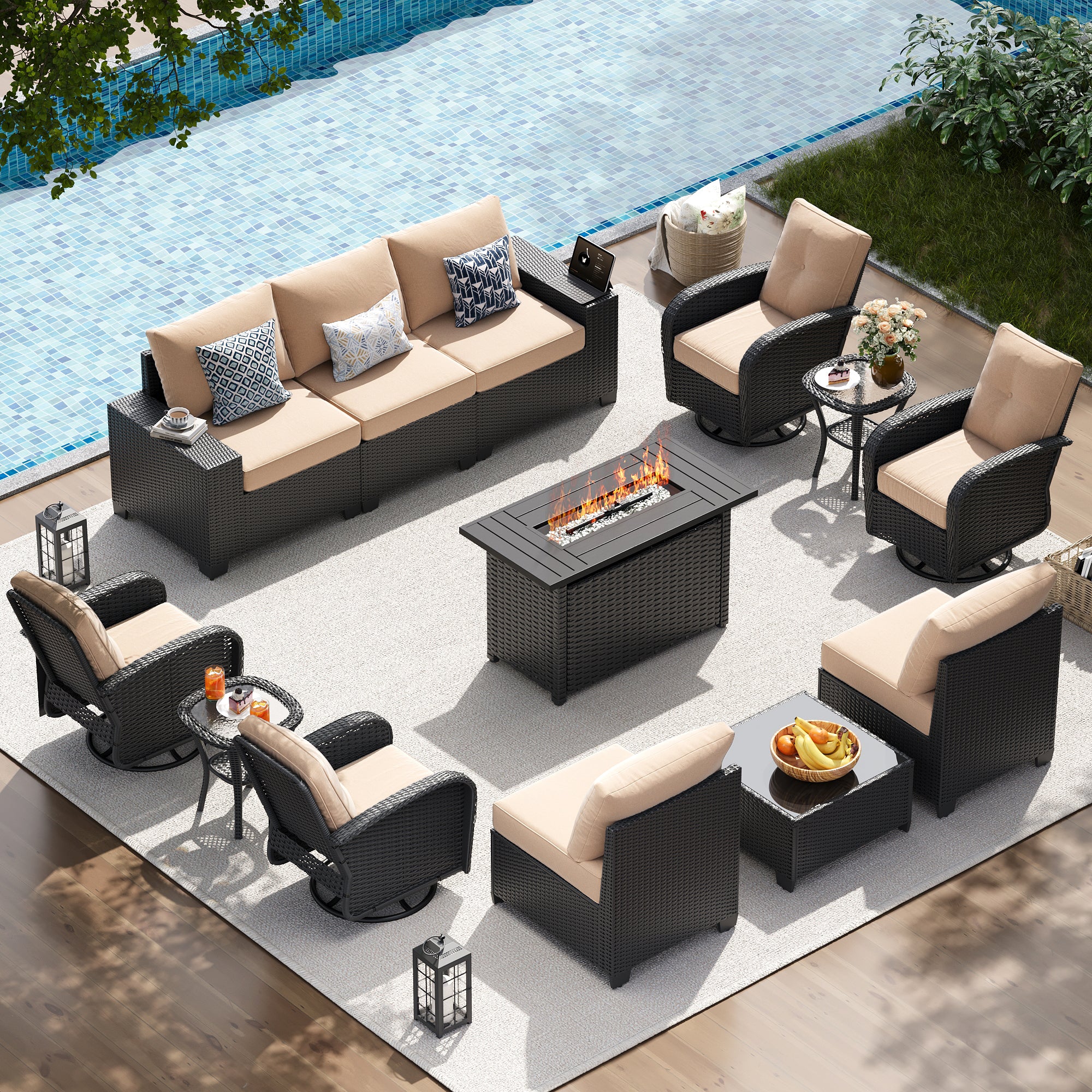LazySunsets Patio Furniture Set, Outdoor Sectional All-Weather Wicker Conversation Set with Swivel Rocker Chairs, 4'' Thick Cushions for Backyard Poolside
