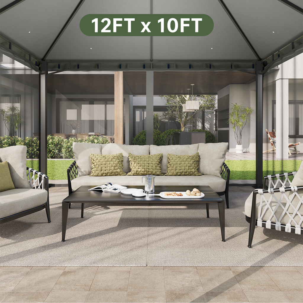 Aoxun 12x10 Gazebo with Double Roof & Mosquito Netting Outdoor Heavy-Duty Party Tent, Patio Tent with Zipper Screens - Backyard Garden Lawn Shelter Includes Wind Ropes Expansion Bolts, Gray