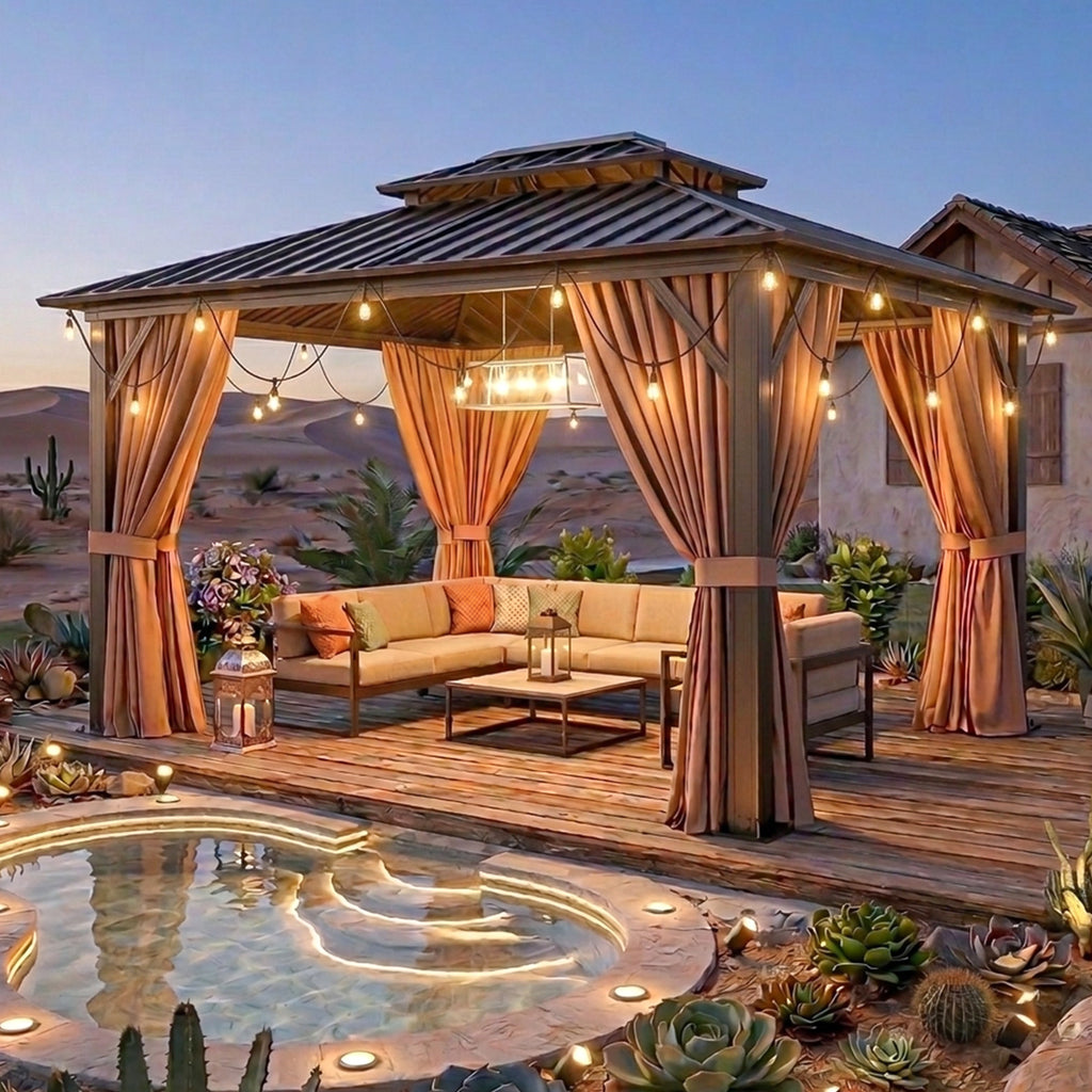 Breezestival Hardtop Gazebo, Metal Frame with Double Galvanized Steel Roof, Permanent Outdoor Pergola with Curtains and Netting Included for Backyard, Patio, Lawn and Garden