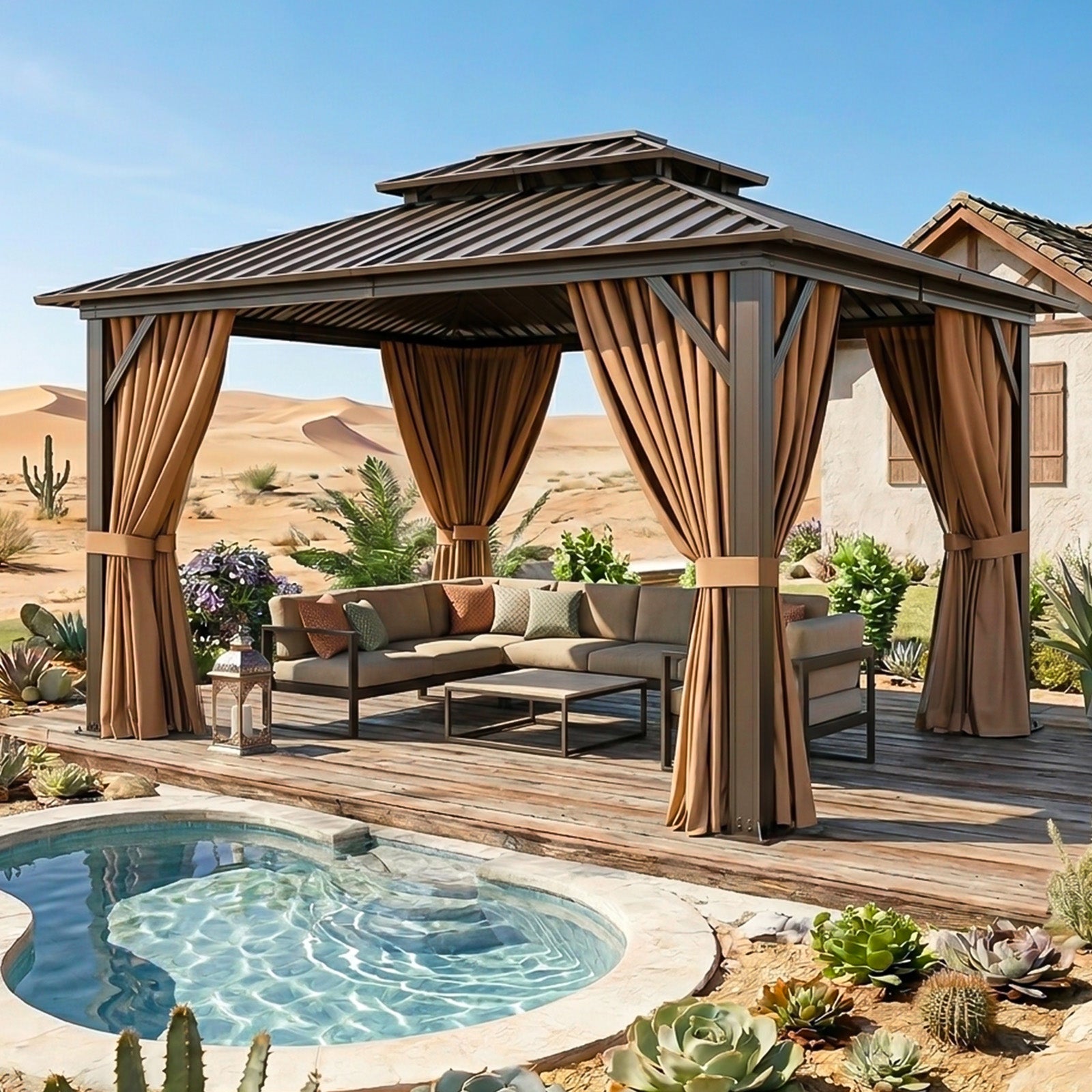 Breezestival Hardtop Gazebo, Metal Frame with Double Galvanized Steel Roof, Permanent Outdoor Pergola with Curtains and Netting Included for Backyard, Patio, Lawn and Garden