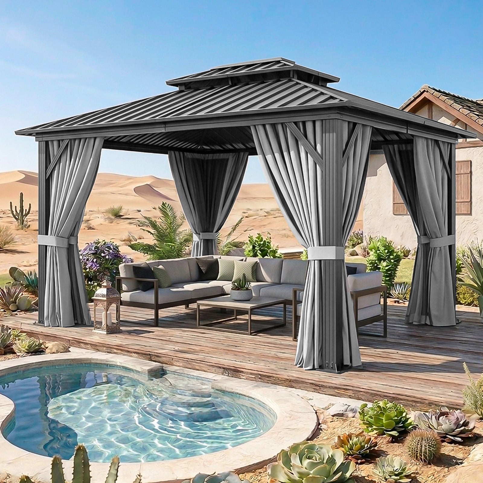 Breezestival Hardtop Gazebo, Metal Frame with Double Galvanized Steel Roof, Permanent Outdoor Pergola with Curtains and Netting Included for Backyard, Patio, Lawn and Garden