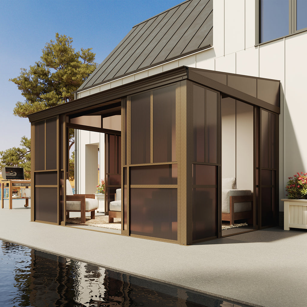 LET'S PATIO 10x12FT Wall Mounted Sunroom, Aluminum Solarium Enclosed Lean to Gazebo with Galvanized Steel Sloping Roof, 2 Sliding Double Doors, PC Windows, Permanent Outdoor Sun Room for Patio, Deck