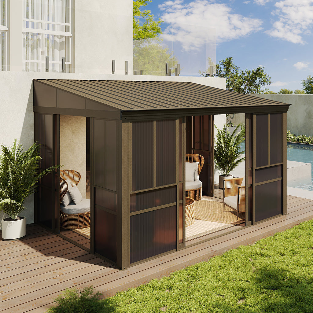 Aoxun 10x12FT Wall Mounted Sunroom, Aluminum Solarium Enclosed Lean to Gazebo with Galvanized Steel Sloping Roof, Sliding Doors, Moveable PC Windows, Permanent Outdoor Sun Room for Patio, Deck