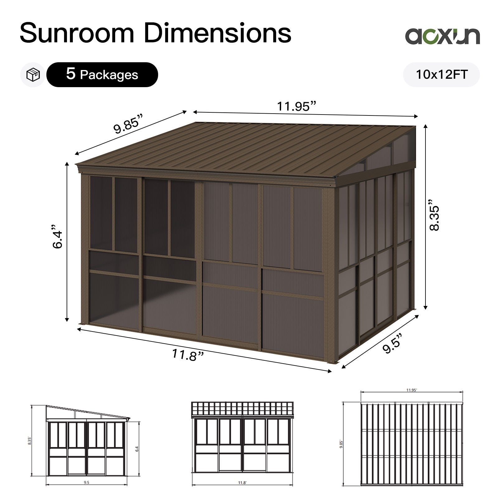 Aoxun 10x12FT Wall Mounted Sunroom, Aluminum Solarium Enclosed Lean to Gazebo with Galvanized Steel Sloping Roof, Sliding Doors, Moveable PC Windows, Permanent Outdoor Sun Room for Patio, Deck