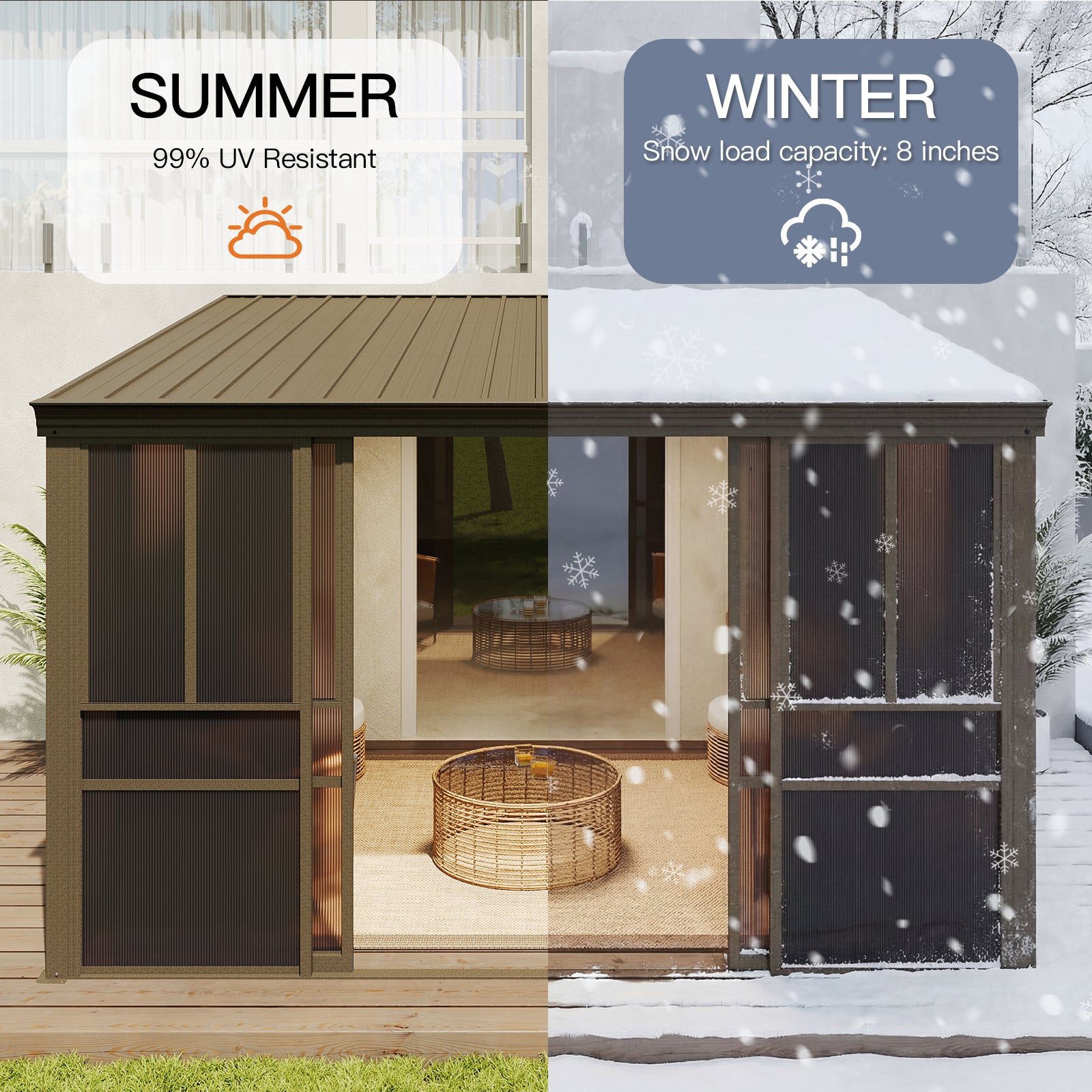 Aoxun 10x12FT Wall Mounted Sunroom, Aluminum Solarium Enclosed Lean to Gazebo with Galvanized Steel Sloping Roof, Sliding Doors, Moveable PC Windows, Permanent Outdoor Sun Room for Patio, Deck