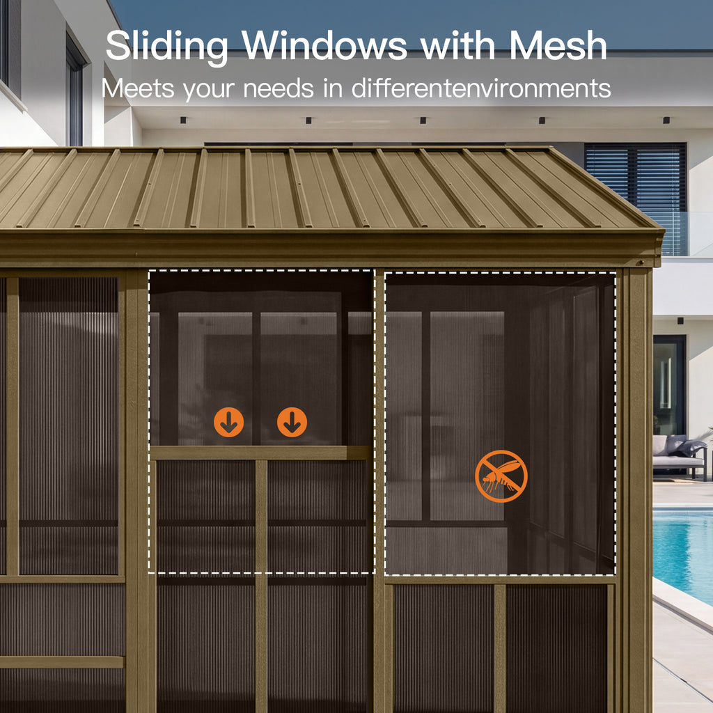 LET'S PATIO 10x12FT Wall Mounted Sunroom, Aluminum Solarium Enclosed Lean to Gazebo with Galvanized Steel Sloping Roof, 2 Sliding Double Doors, PC Windows, Permanent Outdoor Sun Room for Patio, Deck