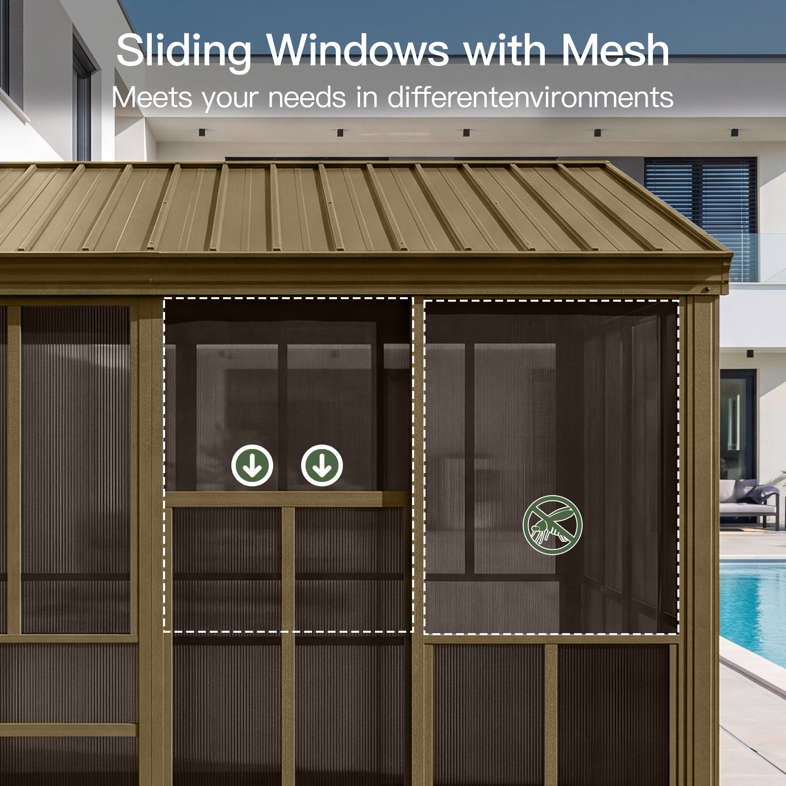 Aoxun 10x12FT Wall Mounted Sunroom, Aluminum Solarium Enclosed Lean to Gazebo with Galvanized Steel Sloping Roof, Sliding Doors, Moveable PC Windows, Permanent Outdoor Sun Room for Patio, Deck