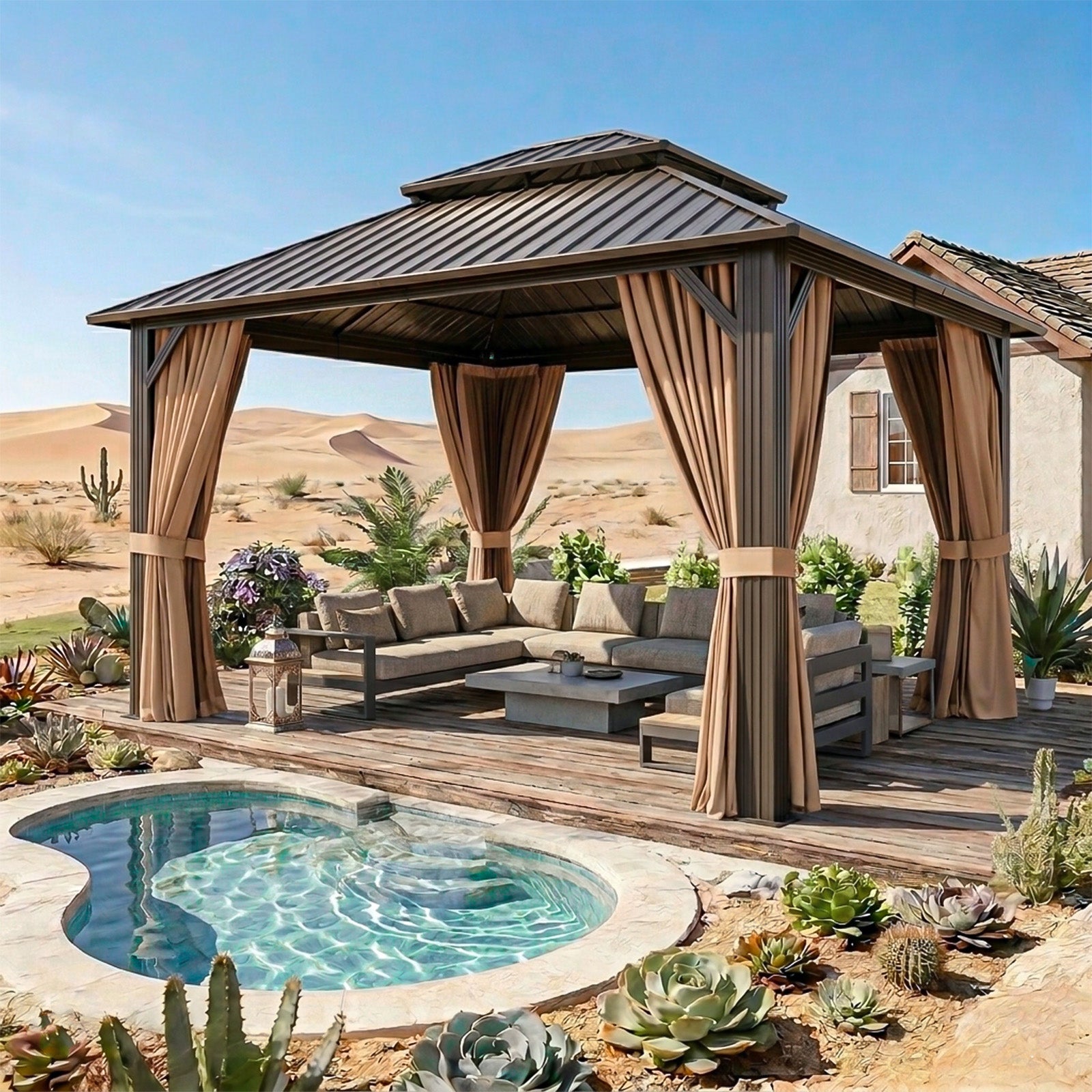 Breezestival Hardtop Gazebo, Metal Frame with Double Galvanized Steel Roof, Permanent Outdoor Pergola with Curtains and Netting Included for Backyard, Patio, Lawn and Garden