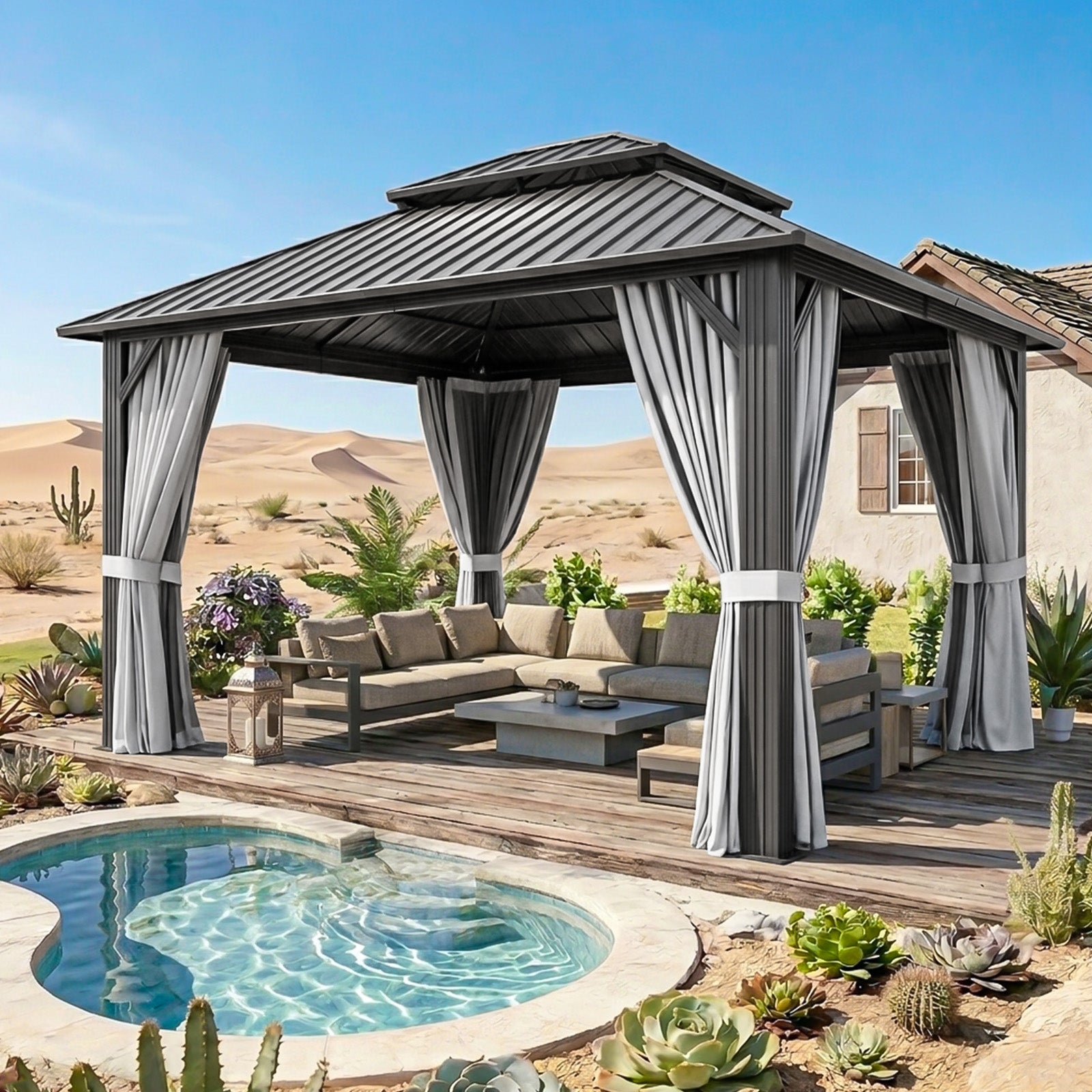 Breezestival Hardtop Gazebo, Metal Frame with Double Galvanized Steel Roof, Permanent Outdoor Pergola with Curtains and Netting Included for Backyard, Patio, Lawn and Garden