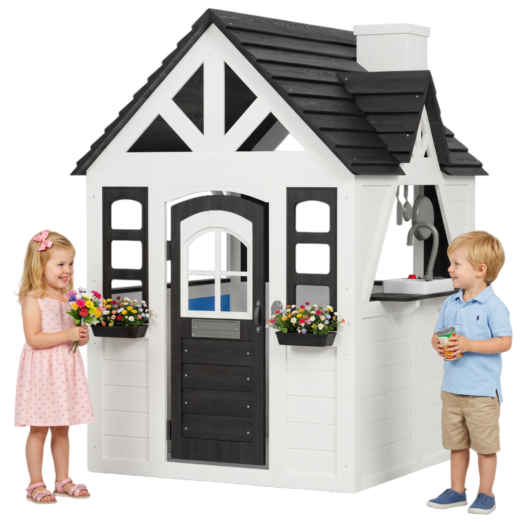 Aoxun Kids Outdoor Playhouse with Play Kitchen,Wooden Play House Playset Outdoor for Kids with Pet Door,Snack Bar,Doorbell, Flower Pots,Stove,Sink,Clock,Toddler Outside Playground for Garden,Backyard