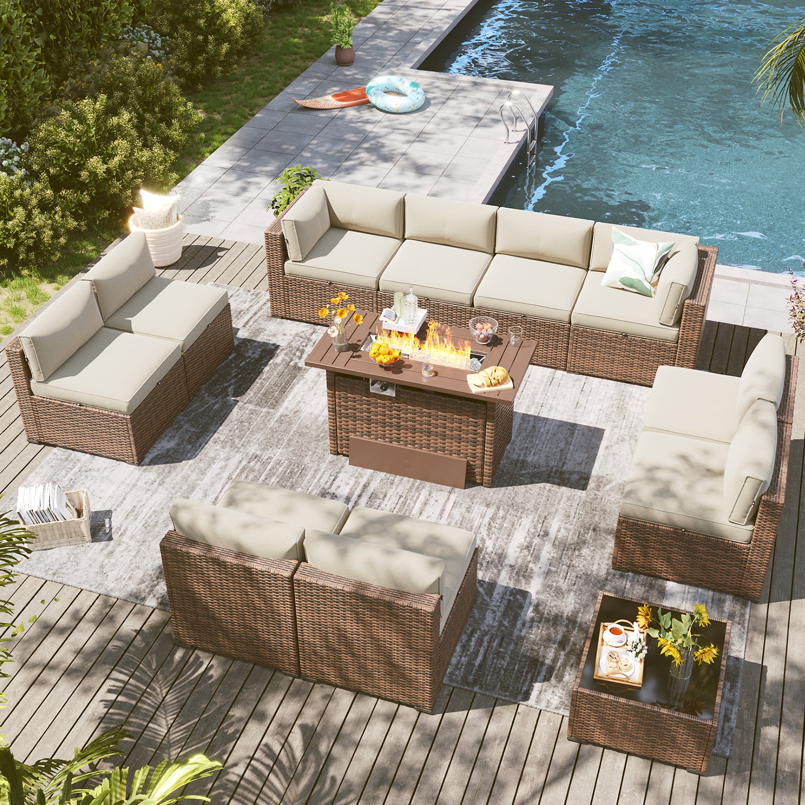 LazySunsets 7 Piece Outdoor Patio Furniture Set with Coffee Table, Outdoor Patio Furniture Sets with Waterproof Cover, Wicker Rattan Outdoor Conversation Set for Backyard & Garden, Beige