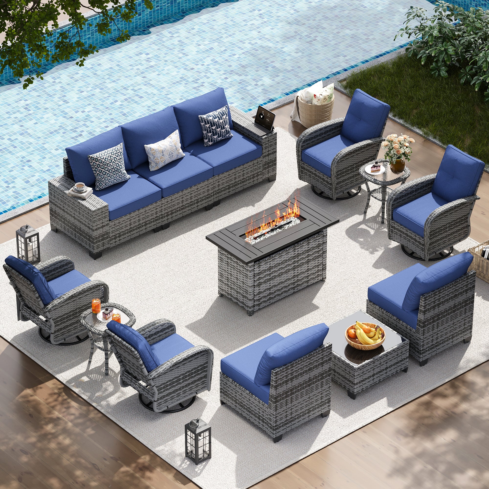 LazySunsets Patio Furniture Set, Outdoor Sectional All-Weather Wicker Conversation Set with Swivel Rocker Chairs, 4'' Thick Cushions for Backyard Poolside