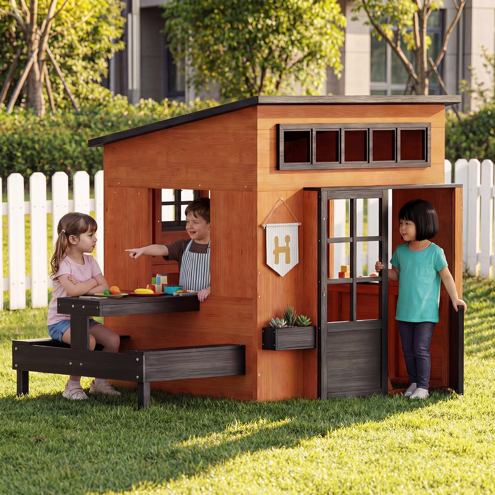 Outdoor Playhouse - Modern Fir Wooden Playhouse for Kids Outdoor with Play Kitchen, Outside Table, Chalkboard, Half Door, Windows, Flower Box, Indoor Outdoor Imaginative Play for Ages 3-8,