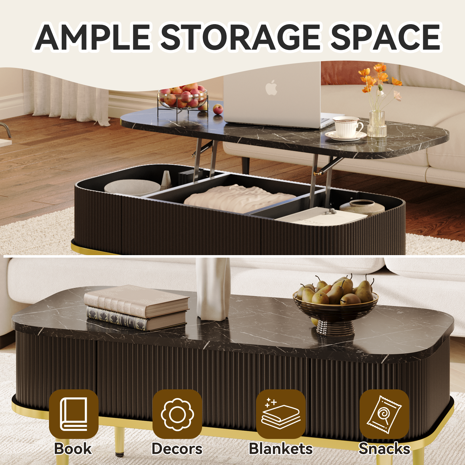 Rectangle Coffee Tables for Living Room,Modern Fluted Coffee Table with Storage, Small Coffee Table, Oval Center Table with Faux Marble Flip-Top