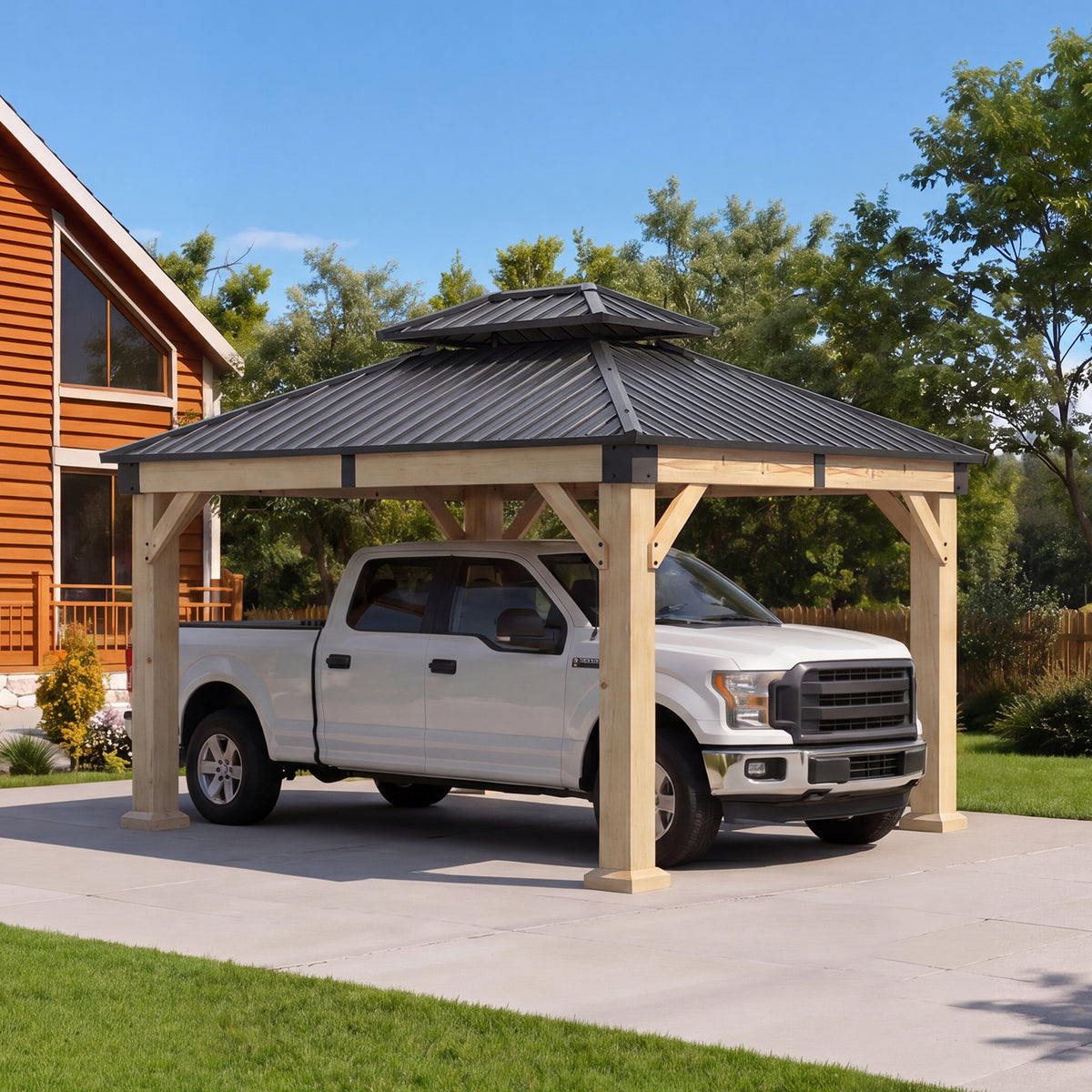 Aoxun 12x10 FT Cedar Wood Carport, Double Galvanized Steel Roof + Outlet, Outdoor Hardtop Gazeboo | 4.7" x 4.7" Thickened Posts | Cedar Wood | Sturdy Hooks |Sturdy Shelter for 2 Cars