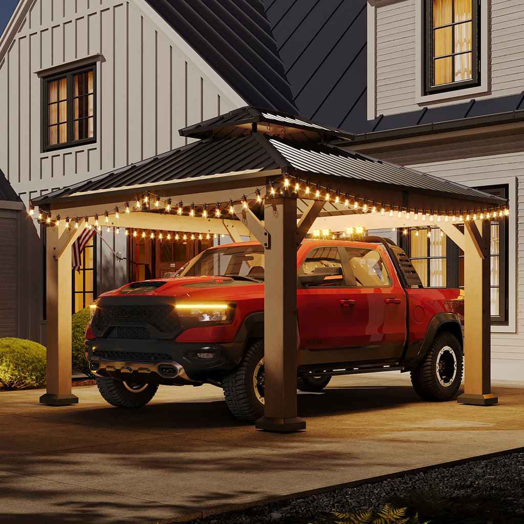 Aoxun 12x10 FT Cedar Wood Carport, Double Galvanized Steel Roof + Outlet, Outdoor Hardtop Gazeboo | 4.7" x 4.7" Thickened Posts | Cedar Wood | Sturdy Hooks |Sturdy Shelter for 2 Cars
