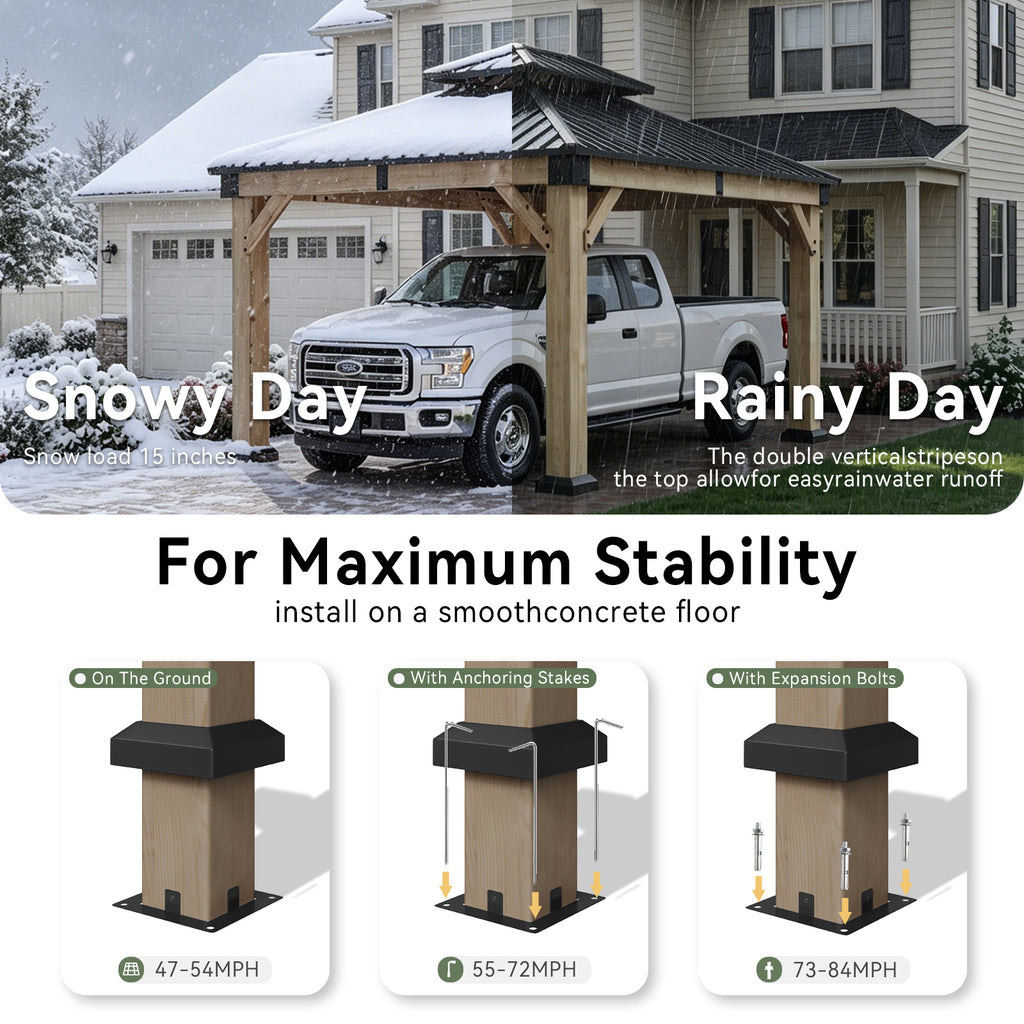 Aoxun 12x10 FT Cedar Wood Carport, Double Galvanized Steel Roof + Outlet, Outdoor Hardtop Gazeboo | 4.7" x 4.7" Thickened Posts | Cedar Wood | Sturdy Hooks |Sturdy Shelter for 2 Cars