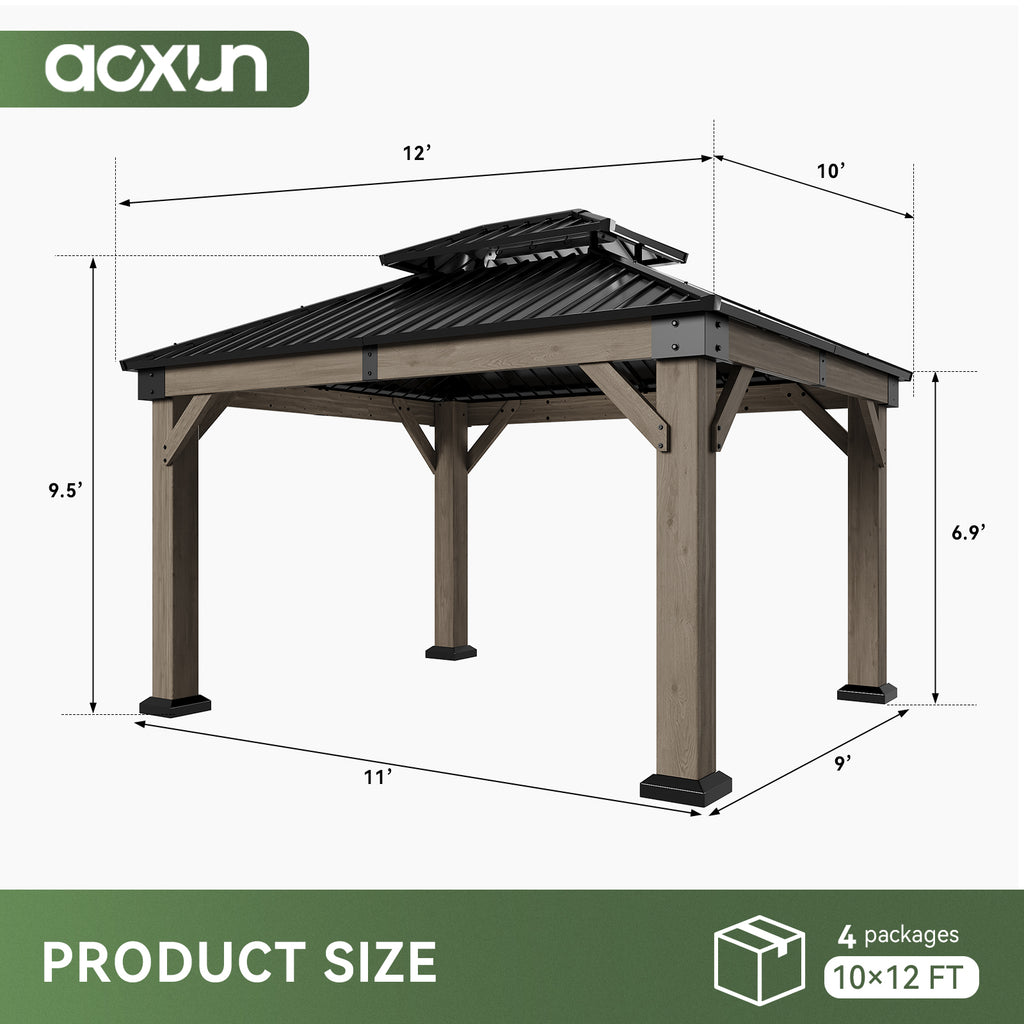 Aoxun 12x10 FT Cedar Wood Carport, Double Galvanized Steel Roof + Outlet, Outdoor Hardtop Gazeboo | 4.7" x 4.7" Thickened Posts | Cedar Wood | Sturdy Hooks |Sturdy Shelter for 2 Cars