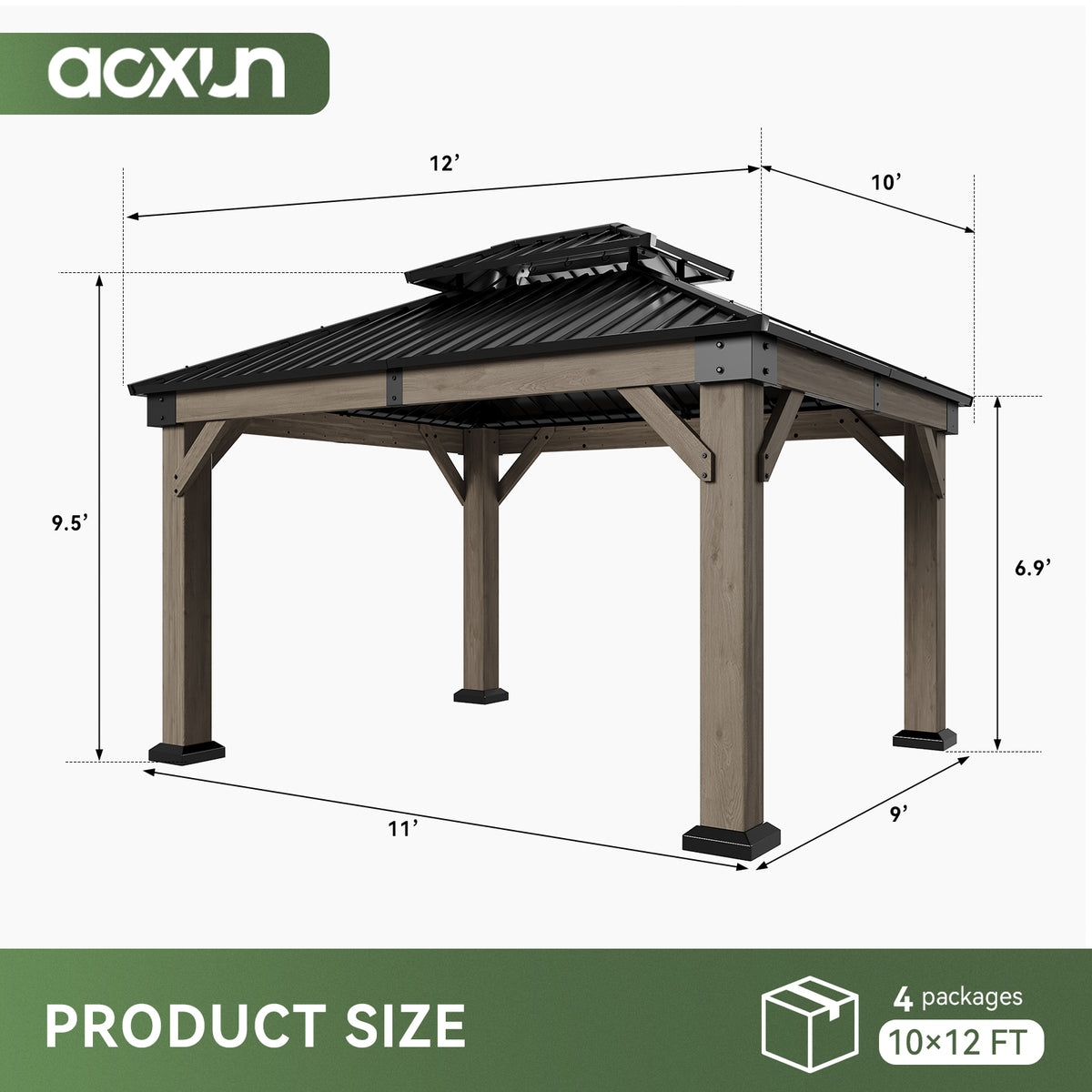 Aoxun 12x10 FT Cedar Wood Carport, Double Galvanized Steel Roof + Outlet, Outdoor Hardtop Gazeboo | 4.7" x 4.7" Thickened Posts | Cedar Wood | Sturdy Hooks |Sturdy Shelter for 2 Cars