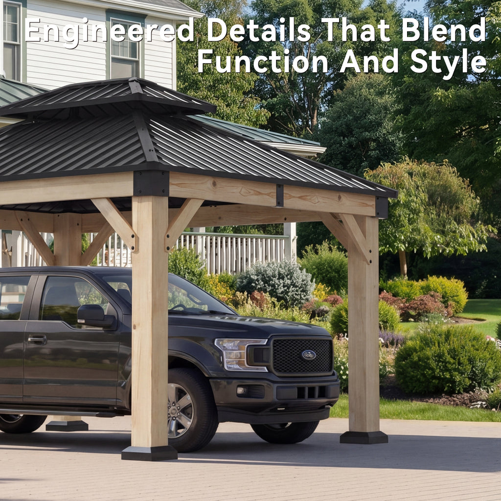 Aoxun 12x10 FT Cedar Wood Carport, Double Galvanized Steel Roof + Outlet, Outdoor Hardtop Gazeboo | 4.7" x 4.7" Thickened Posts | Cedar Wood | Sturdy Hooks |Sturdy Shelter for 2 Cars