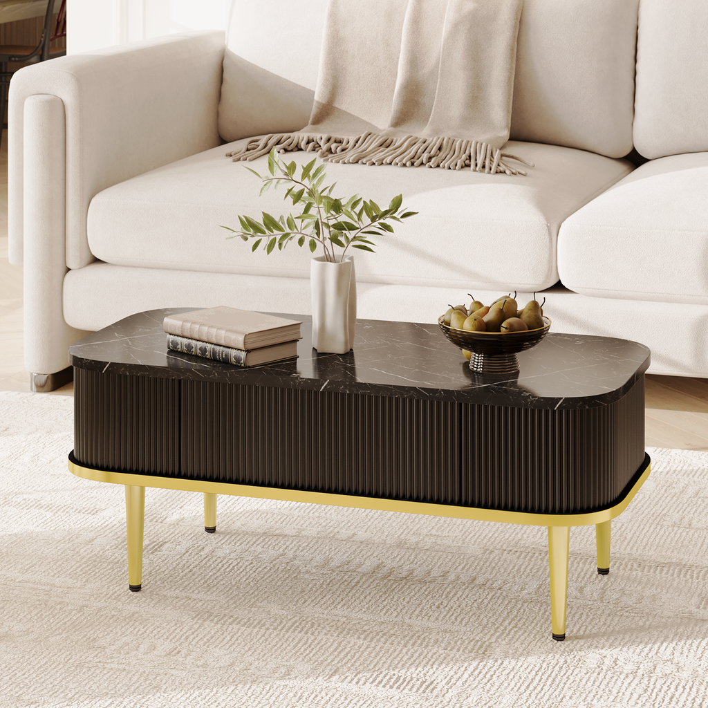 Rectangle Coffee Tables for Living Room,Modern Fluted Coffee Table with Storage, Small Coffee Table, Oval Center Table with Faux Marble Flip-Top