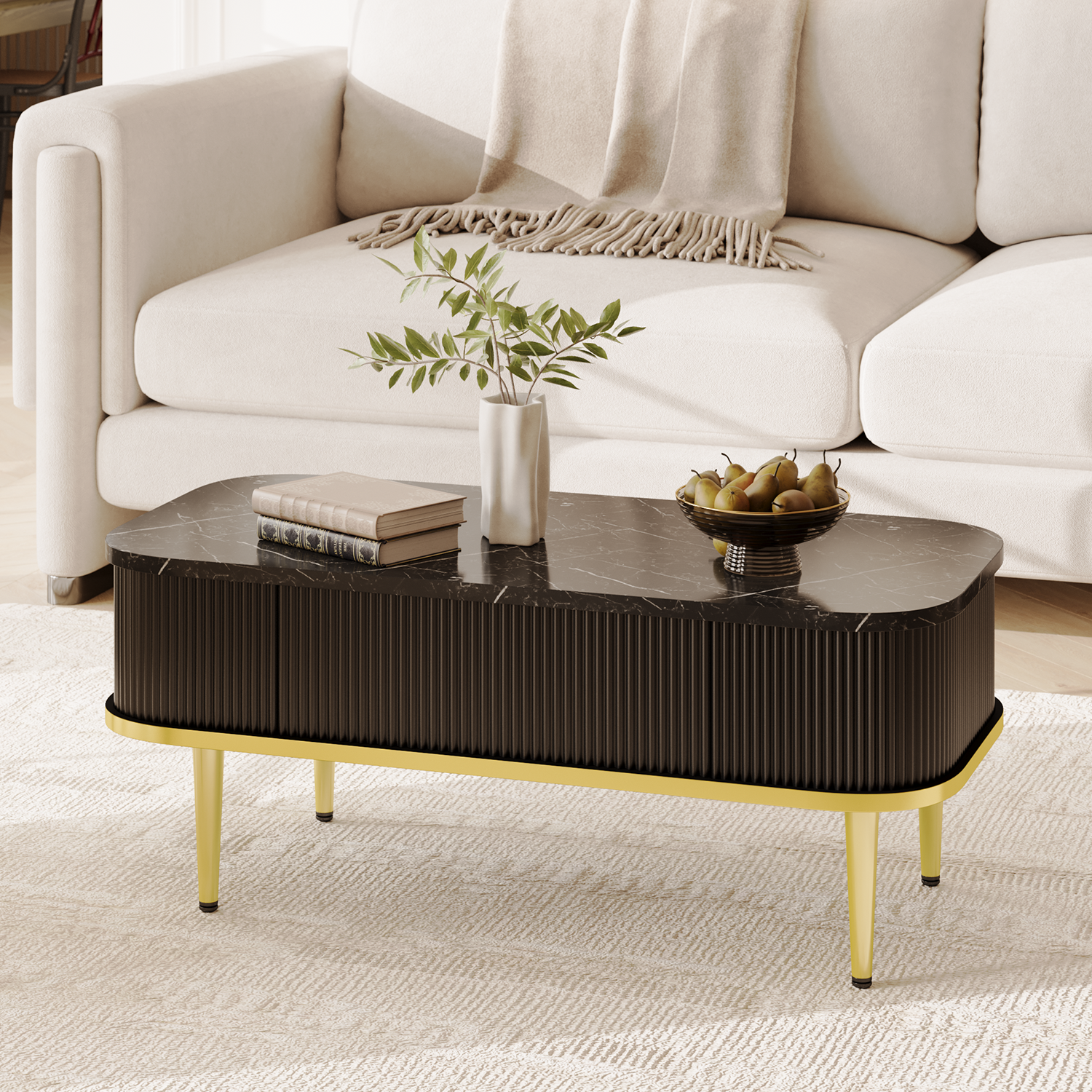 Rectangle Coffee Tables for Living Room,Modern Fluted Coffee Table with Storage, Small Coffee Table, Oval Center Table with Faux Marble Flip-Top