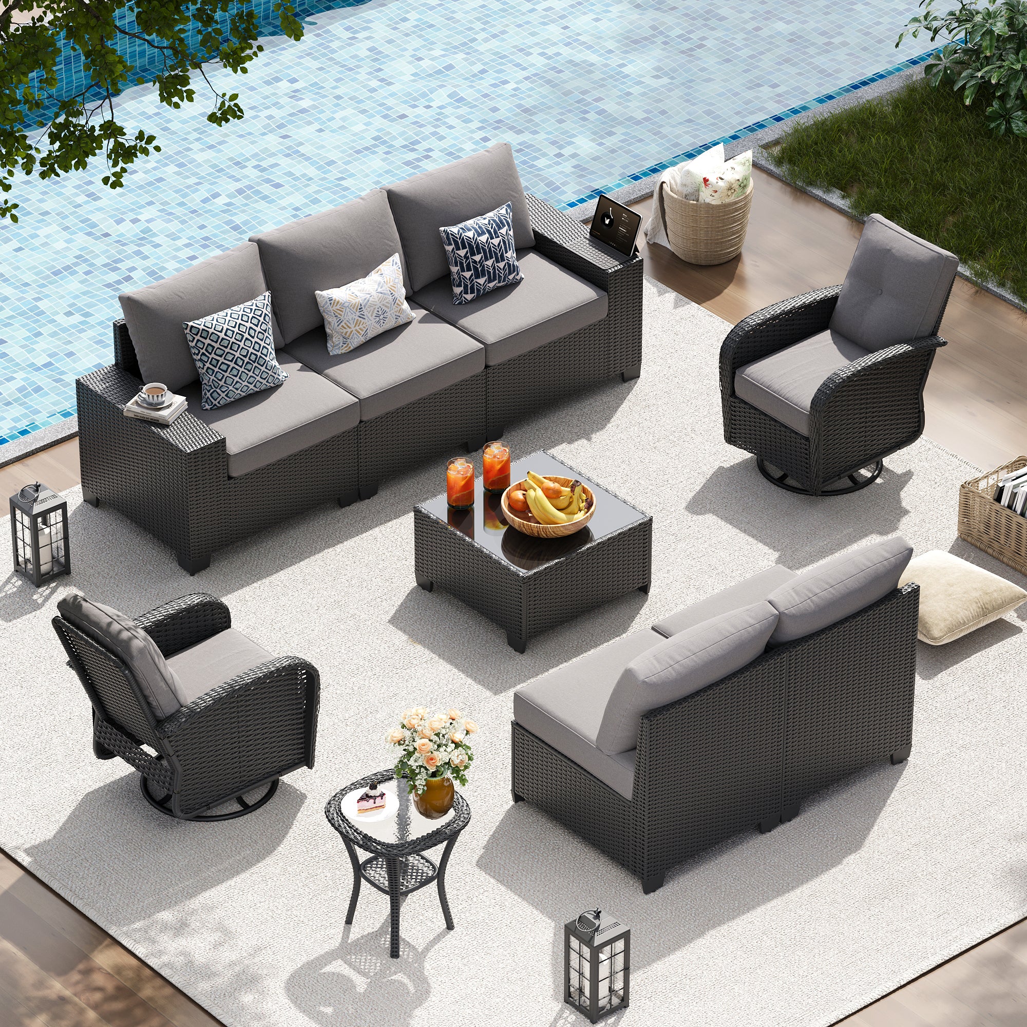 LazySunsets Patio Furniture Set, Outdoor Sectional All-Weather Wicker Conversation Set with Swivel Rocker Chairs, 4'' Thick Cushions for Backyard Poolside