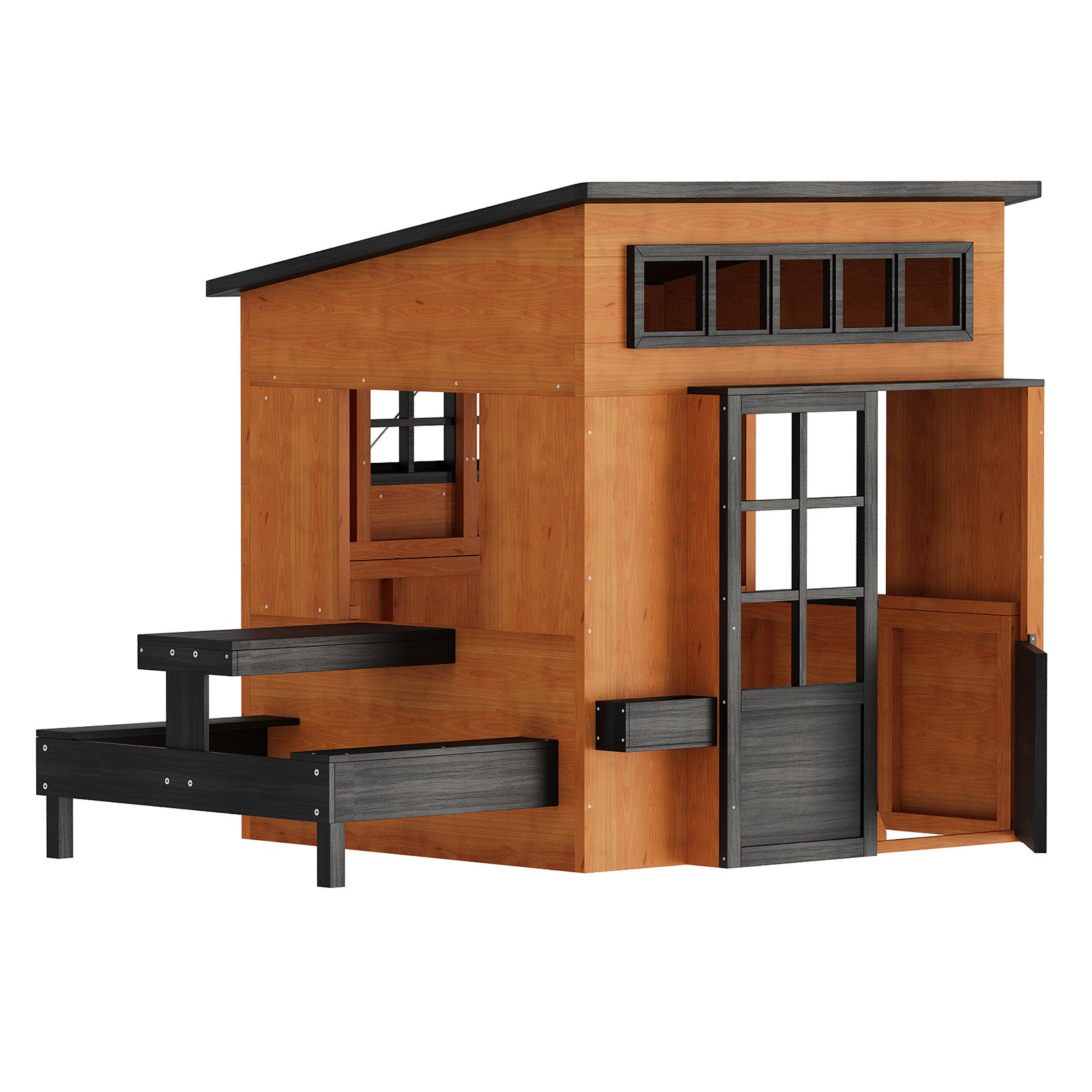 Outdoor Playhouse - Modern Fir Wooden Playhouse for Kids Outdoor with Play Kitchen, Outside Table, Chalkboard, Half Door, Windows, Flower Box, Indoor Outdoor Imaginative Play for Ages 3-8,