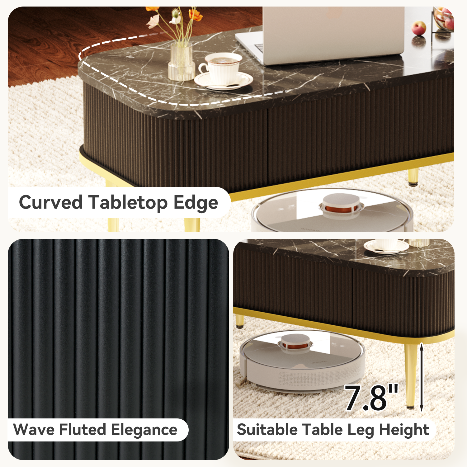 Rectangle Coffee Tables for Living Room,Modern Fluted Coffee Table with Storage, Small Coffee Table, Oval Center Table with Faux Marble Flip-Top
