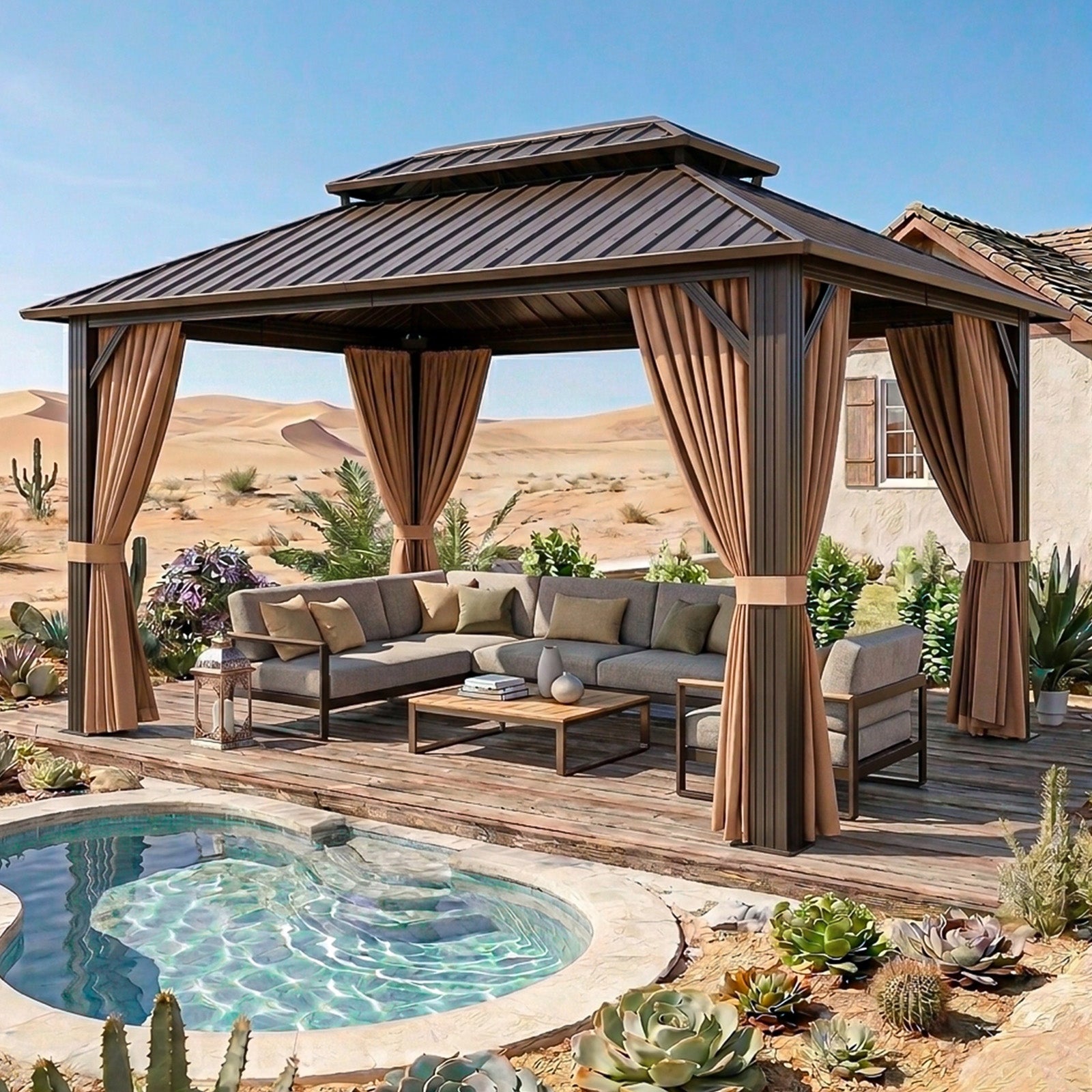 Breezestival Hardtop Gazebo, Metal Frame with Double Galvanized Steel Roof, Permanent Outdoor Pergola with Curtains and Netting Included for Backyard, Patio, Lawn and Garden