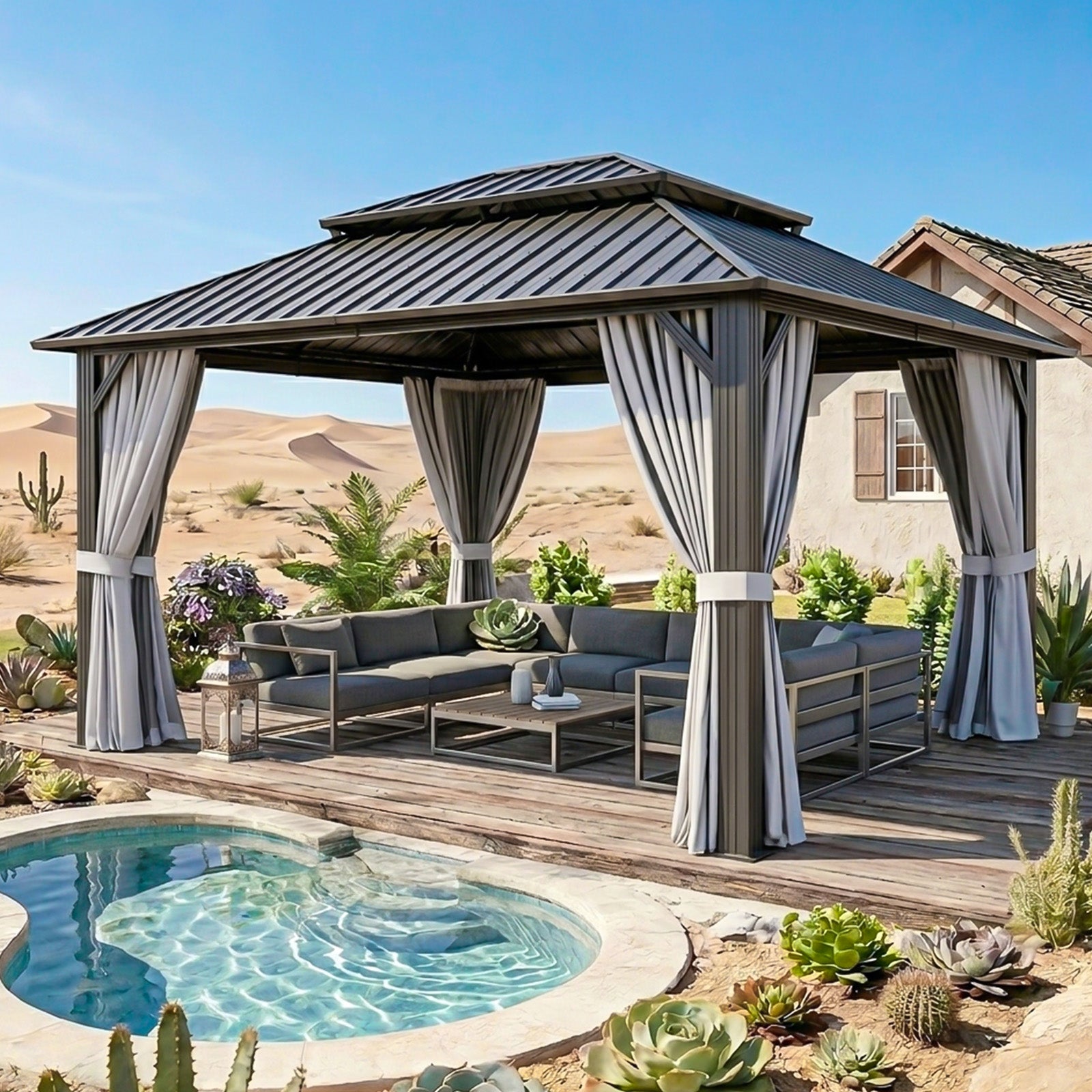 Breezestival Hardtop Gazebo, Metal Frame with Double Galvanized Steel Roof, Permanent Outdoor Pergola with Curtains and Netting Included for Backyard, Patio, Lawn and Garden