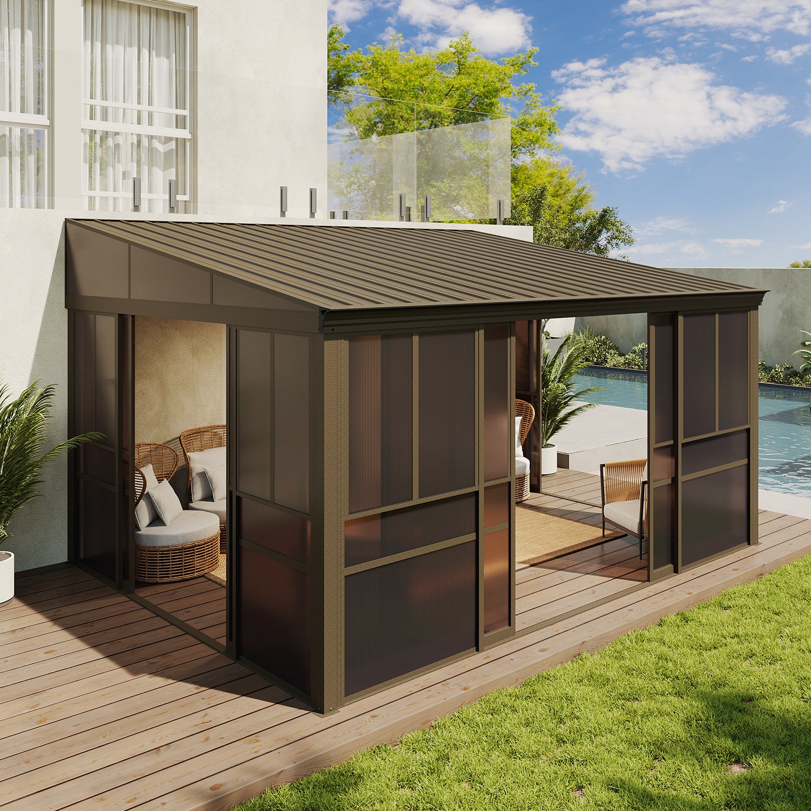 LET'S PATIO 10x12FT Wall Mounted Sunroom, Aluminum Solarium Enclosed Lean to Gazebo with Galvanized Steel Sloping Roof, 2 Sliding Double Doors, PC Windows, Permanent Outdoor Sun Room for Patio, Deck