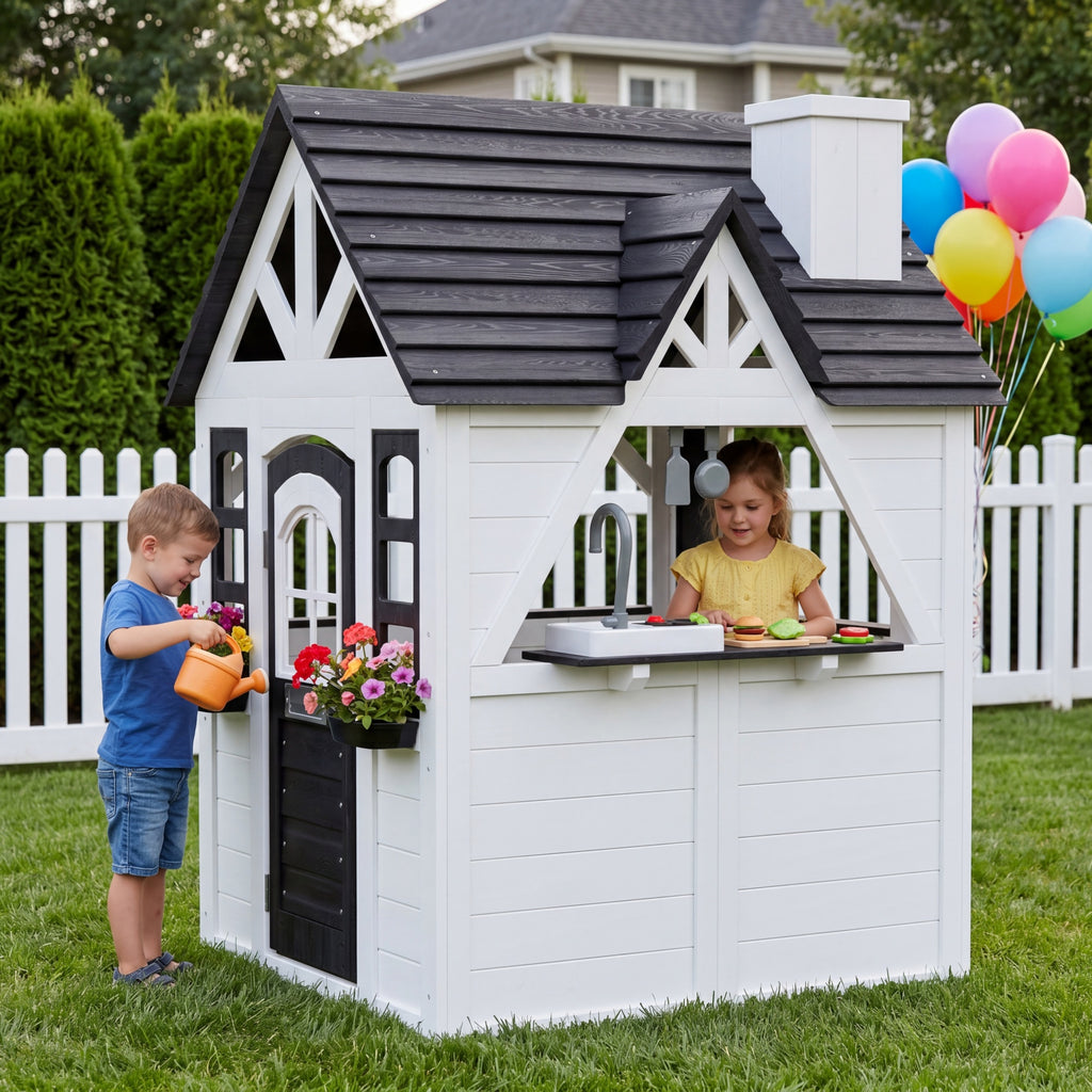 Aoxun Kids Outdoor Playhouse with Play Kitchen,Wooden Play House Playset Outdoor for Kids with Pet Door,Snack Bar,Doorbell, Flower Pots,Stove,Sink,Clock,Toddler Outside Playground for Garden,Backyard