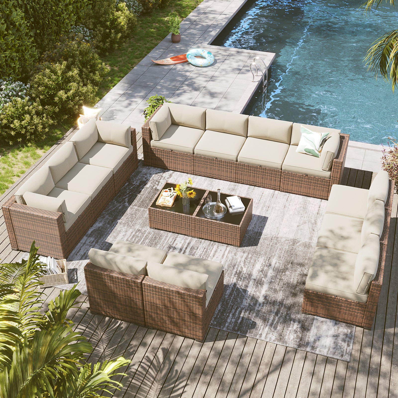 LazySunsets 7 Piece Outdoor Patio Furniture Set with Coffee Table, Outdoor Patio Furniture Sets with Waterproof Cover, Wicker Rattan Outdoor Conversation Set for Backyard & Garden, Beige