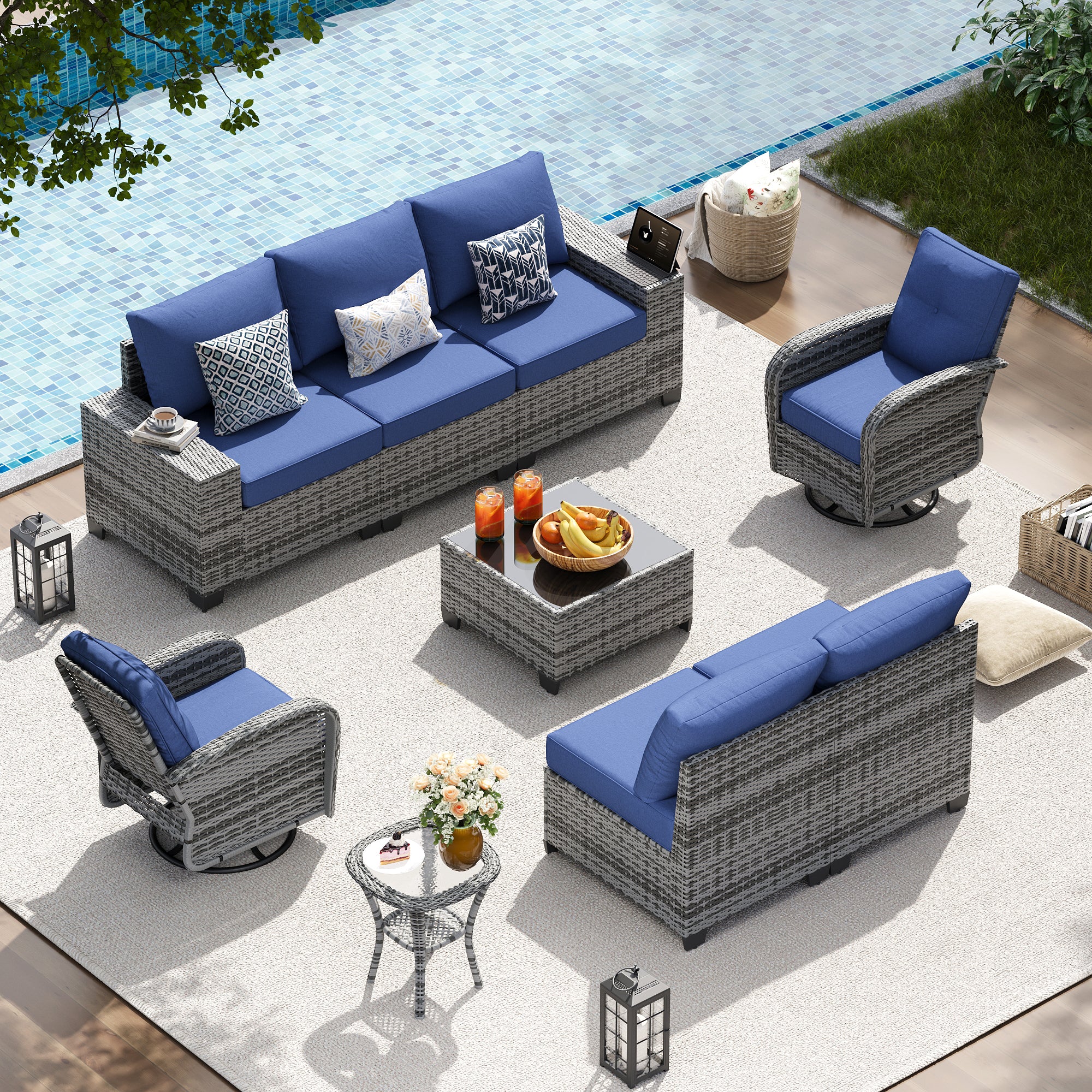 LazySunsets Patio Furniture Set, Outdoor Sectional All-Weather Wicker Conversation Set with Swivel Rocker Chairs, 4'' Thick Cushions for Backyard Poolside