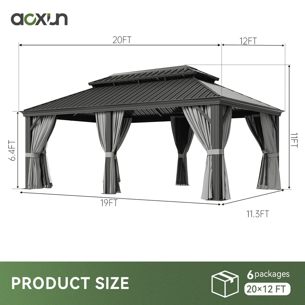Aoxun 12' X 20' Hardtop Gazebo with Drainage, Aluminum Outdoor Gazebos Patio Pergola with4.7”Posts,Galvanized Steel Double Roof,Privacy Curtain&Netting,Permanent Pavilion for Garden,Beckyard,Grey