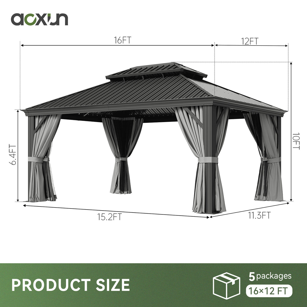Aoxun 12X16 FT Hardtop Gazebo with Built in Drainage,Metal Outdoor Gazebos Patio Pergola with Galvanized Steel Double Roof,4.7''Posts,Privacy Curtain&Netting, Pavilion for Garden,Beckyard,Grey