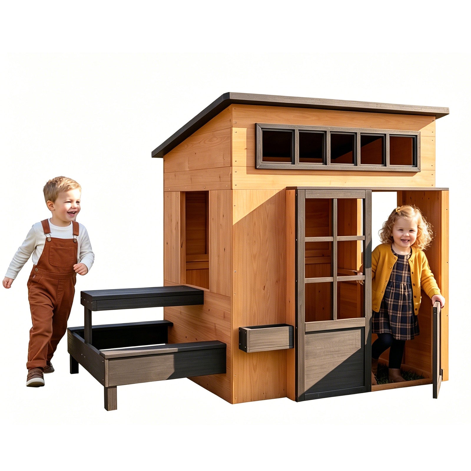 Outdoor Playhouse - Modern Fir Wooden Playhouse for Kids Outdoor with Play Kitchen, Outside Table, Chalkboard, Half Door, Windows, Flower Box, Indoor Outdoor Imaginative Play for Ages 3-8,