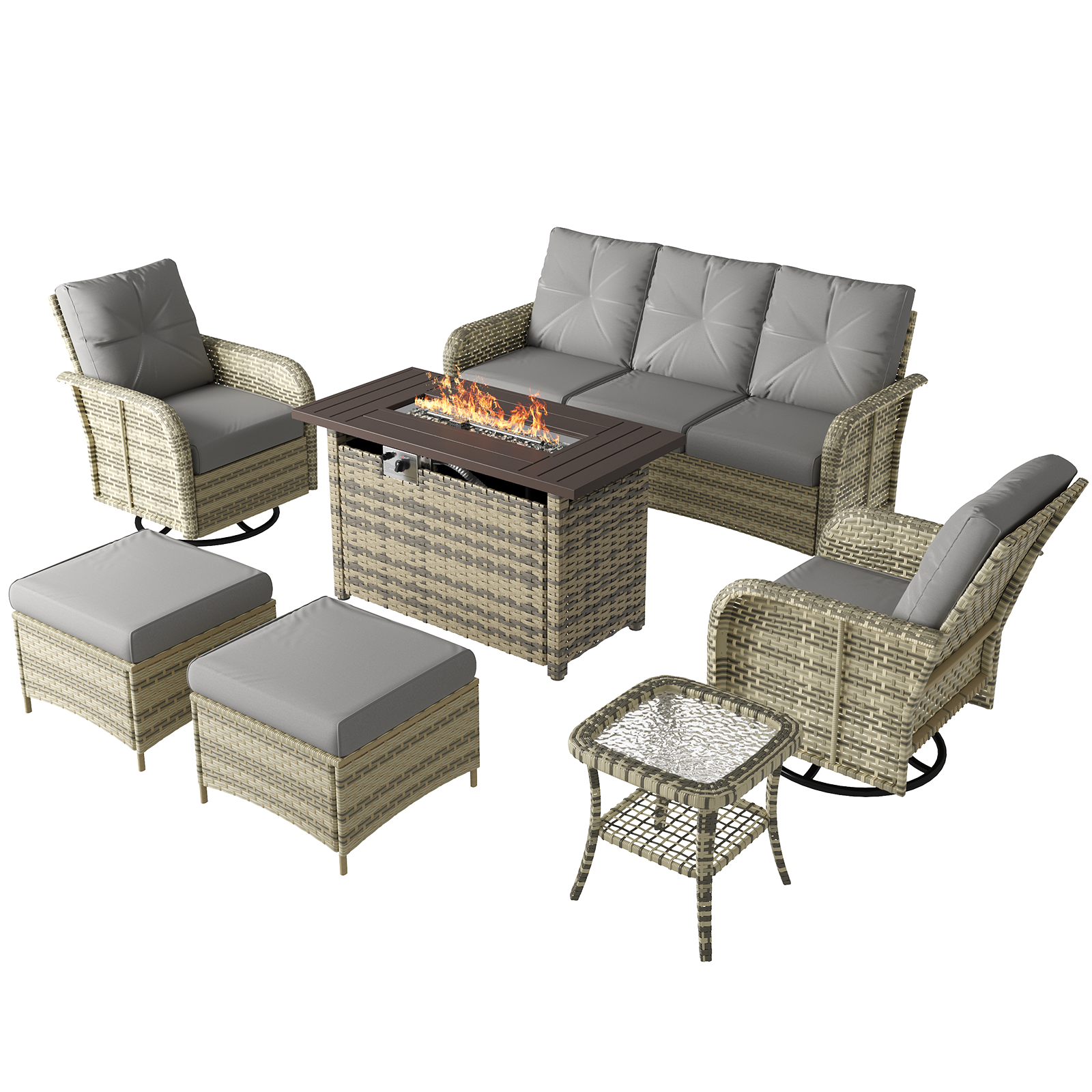 LazySunsets 7 Piece Outdoor Patio Furniture Set with Coffee Table, Wicker Rattan Outdoor Furniture with High Back Swivel Rocker Chairs, Outdoor Conversation Sets with Thick Cushions & Ottoman