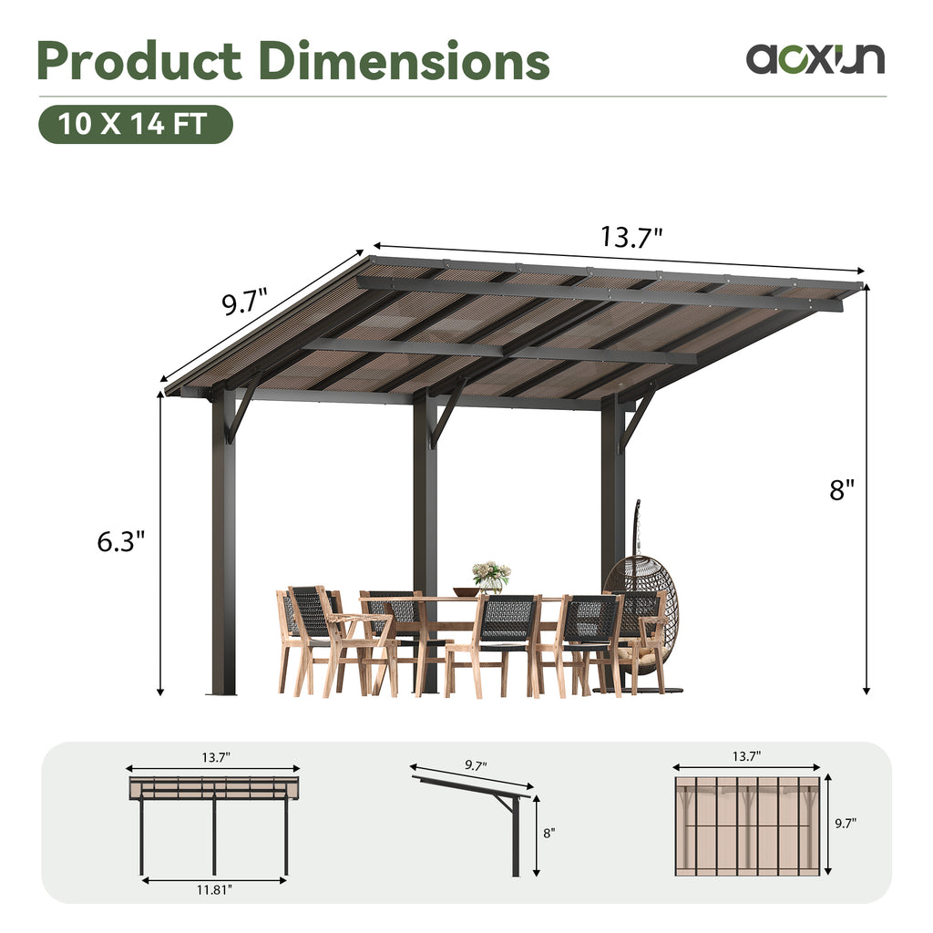 Aoxun 14' x 10' Gazebo, Freestanding Pergola with Roof, Heavy Duty Outdoor Pergolas for Patios, Hard Top Metal Wall-Mounted Pergola, Carport Shelter for Patio, Backyard, Deck, Poolside